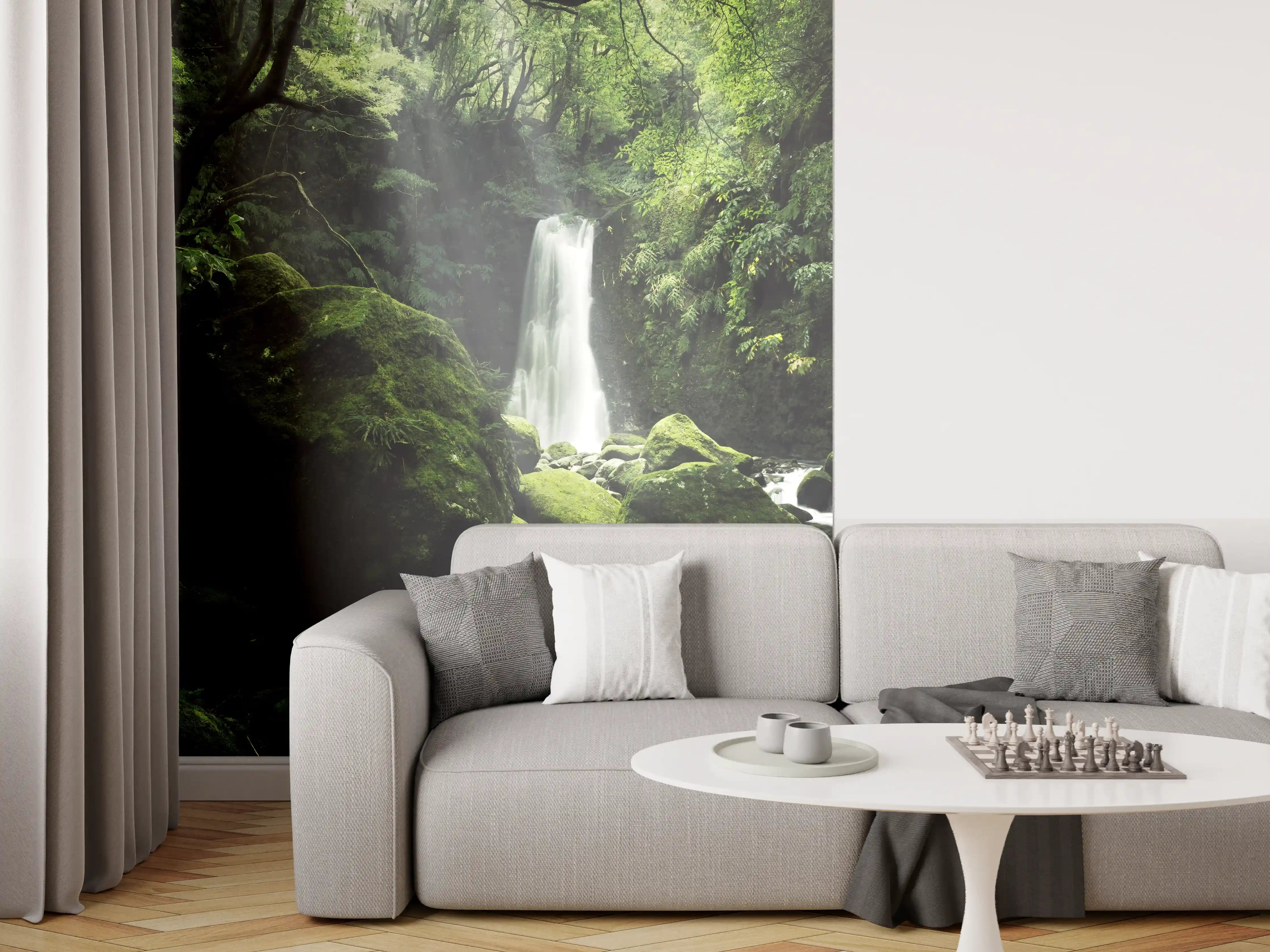 Wandverkleidung Wohnzimmer - Mystische Wasserfall-Landschaft im Grünen