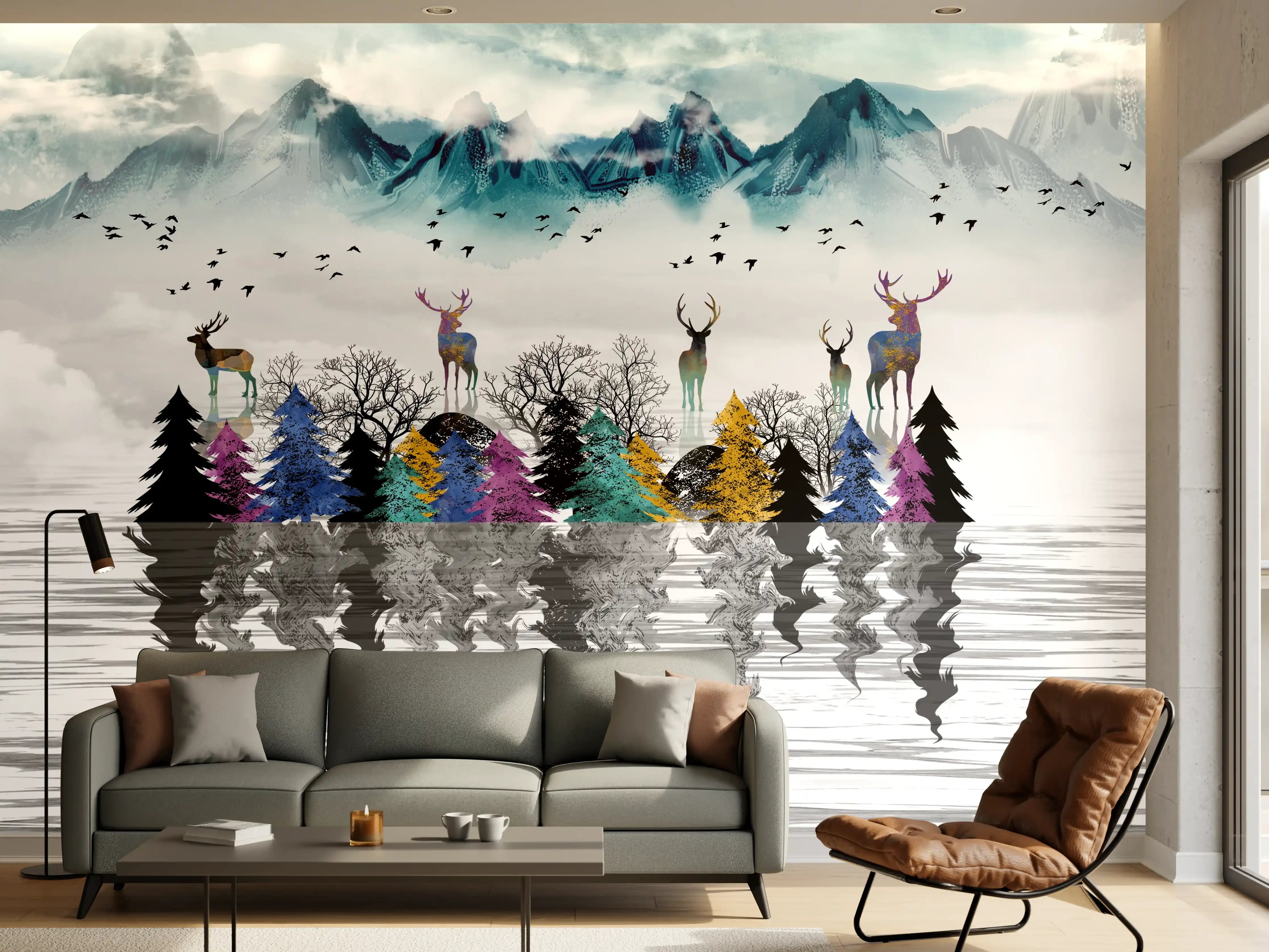 Wandverkleidung Wohnzimmer - Mystische Winterlandschaft mit Elchen und Bergen