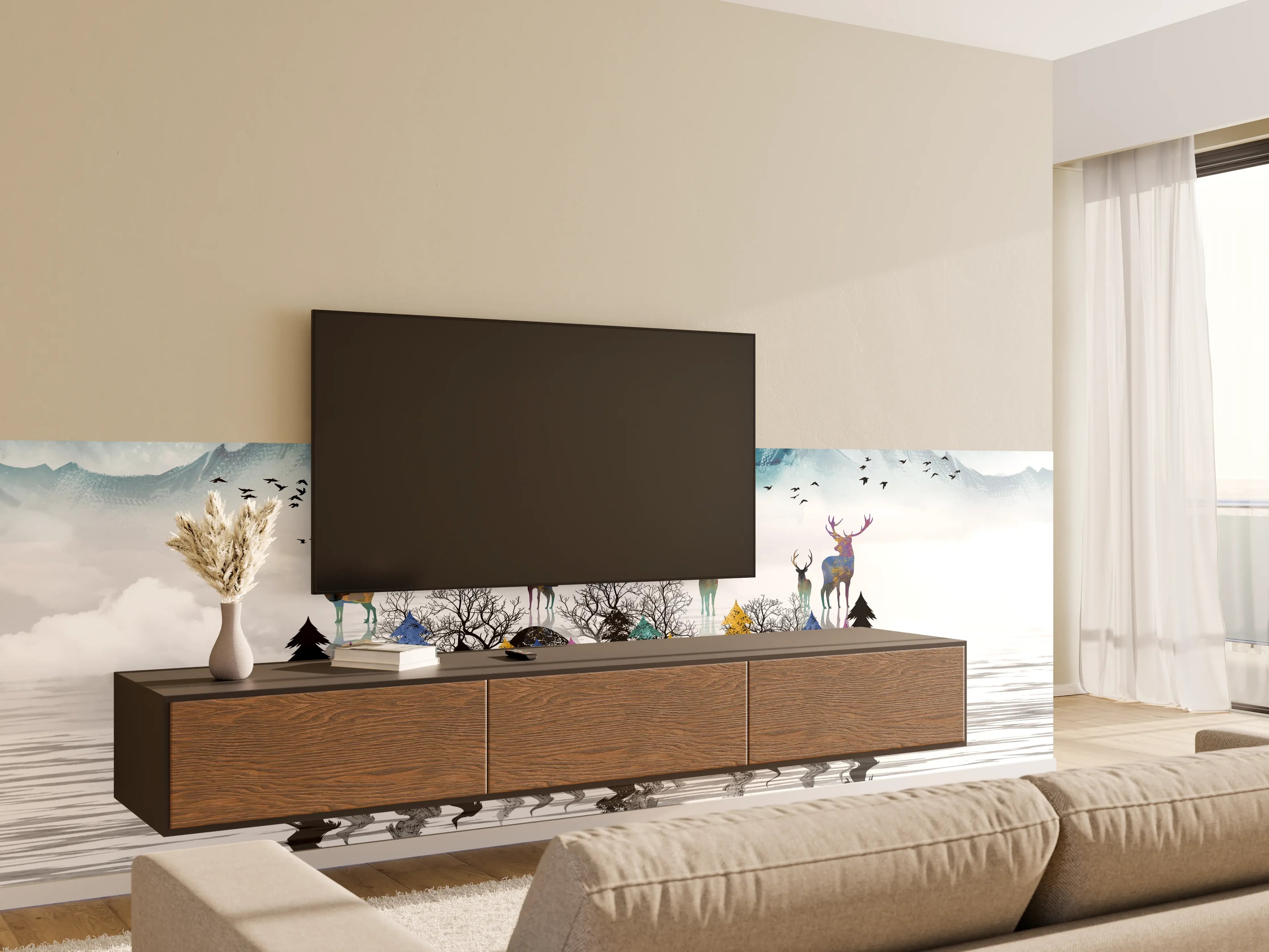 Wandverkleidung Wohnzimmer - Mystische Winterlandschaft mit Elchen und Bergen