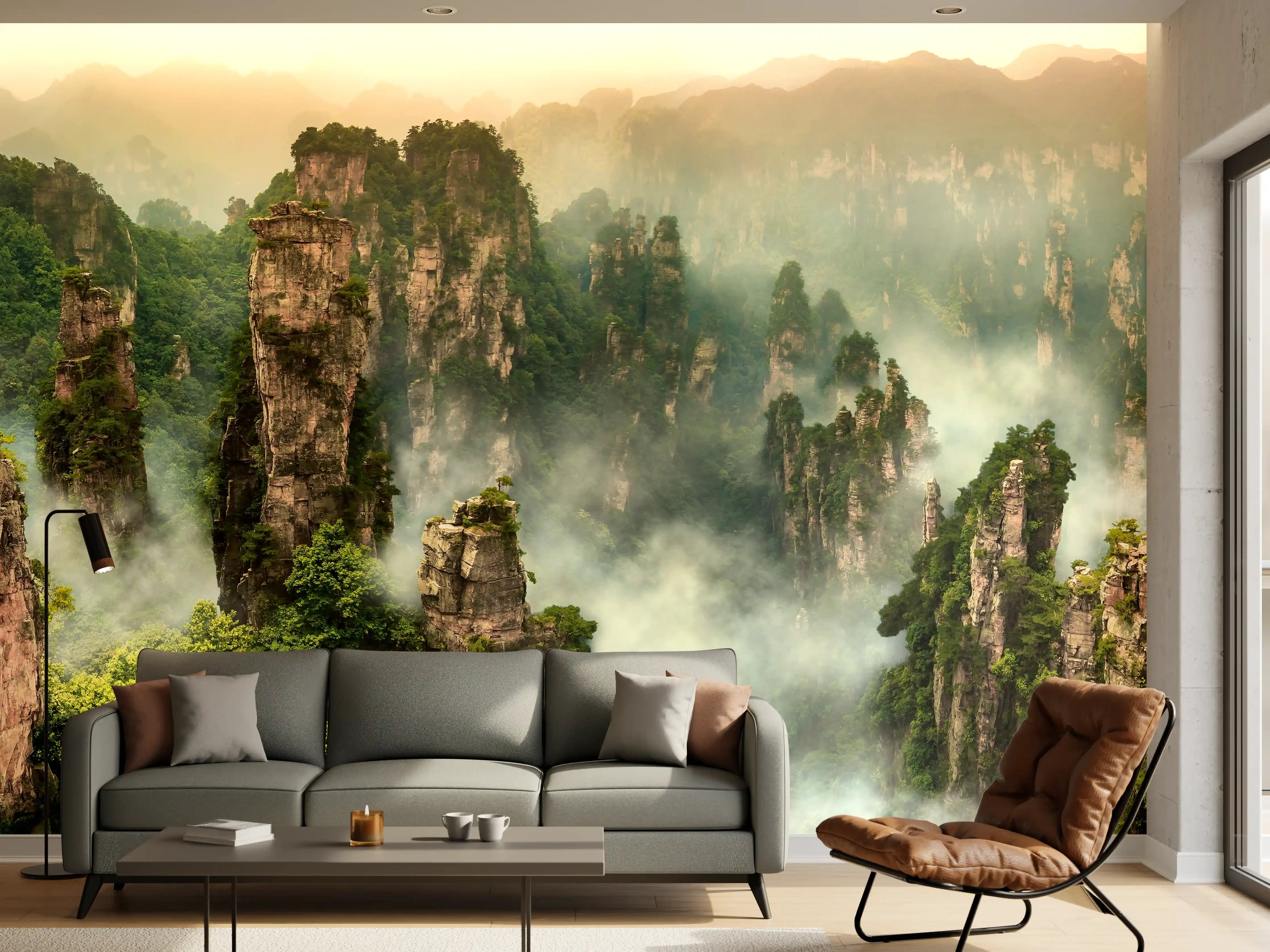 Wandverkleidung Wohnzimmer - Mystische Yinshan-Berge im Morgennebel