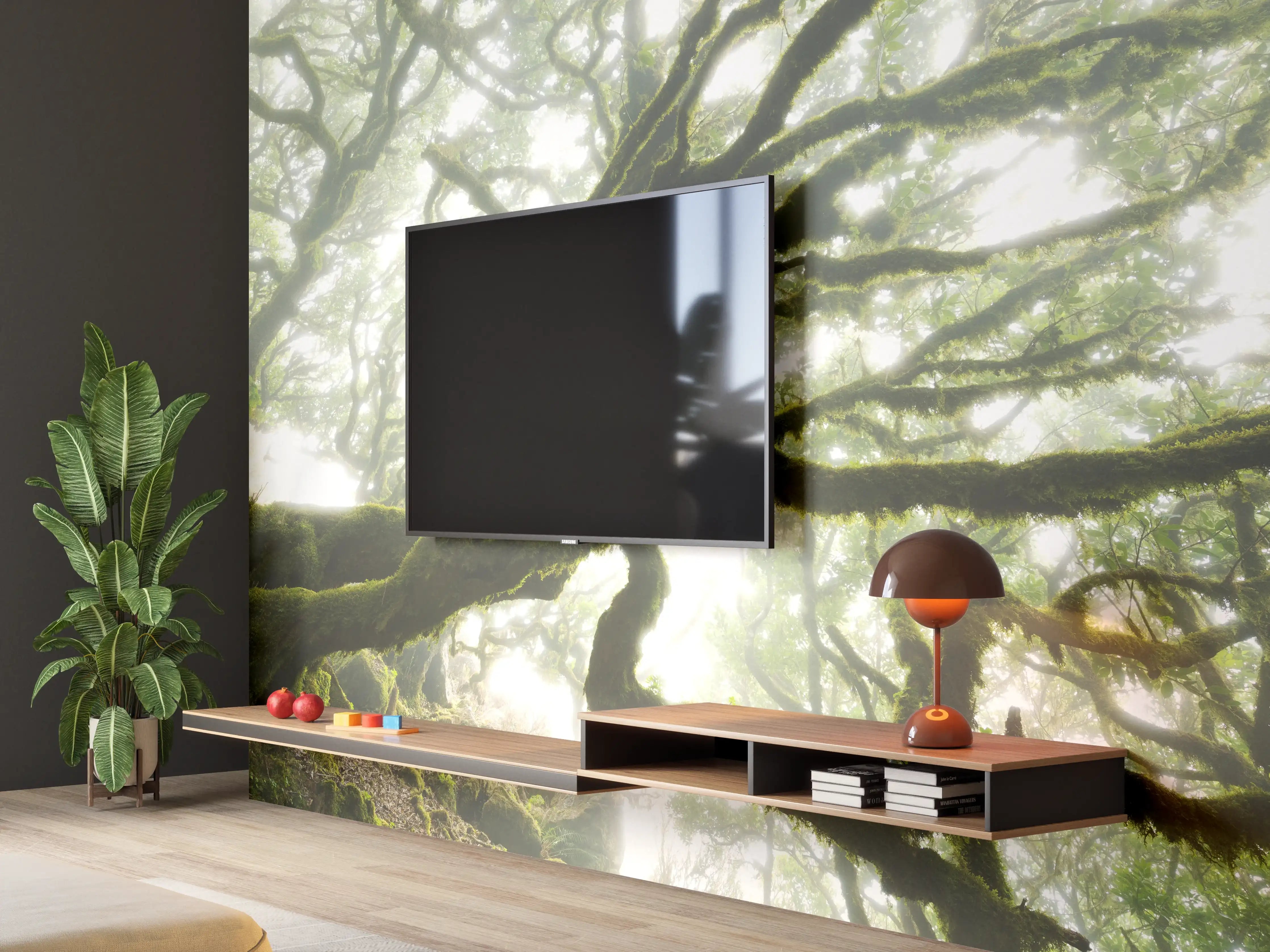 Wandverkleidung Wohnzimmer - Mystischer Baum im Nebel