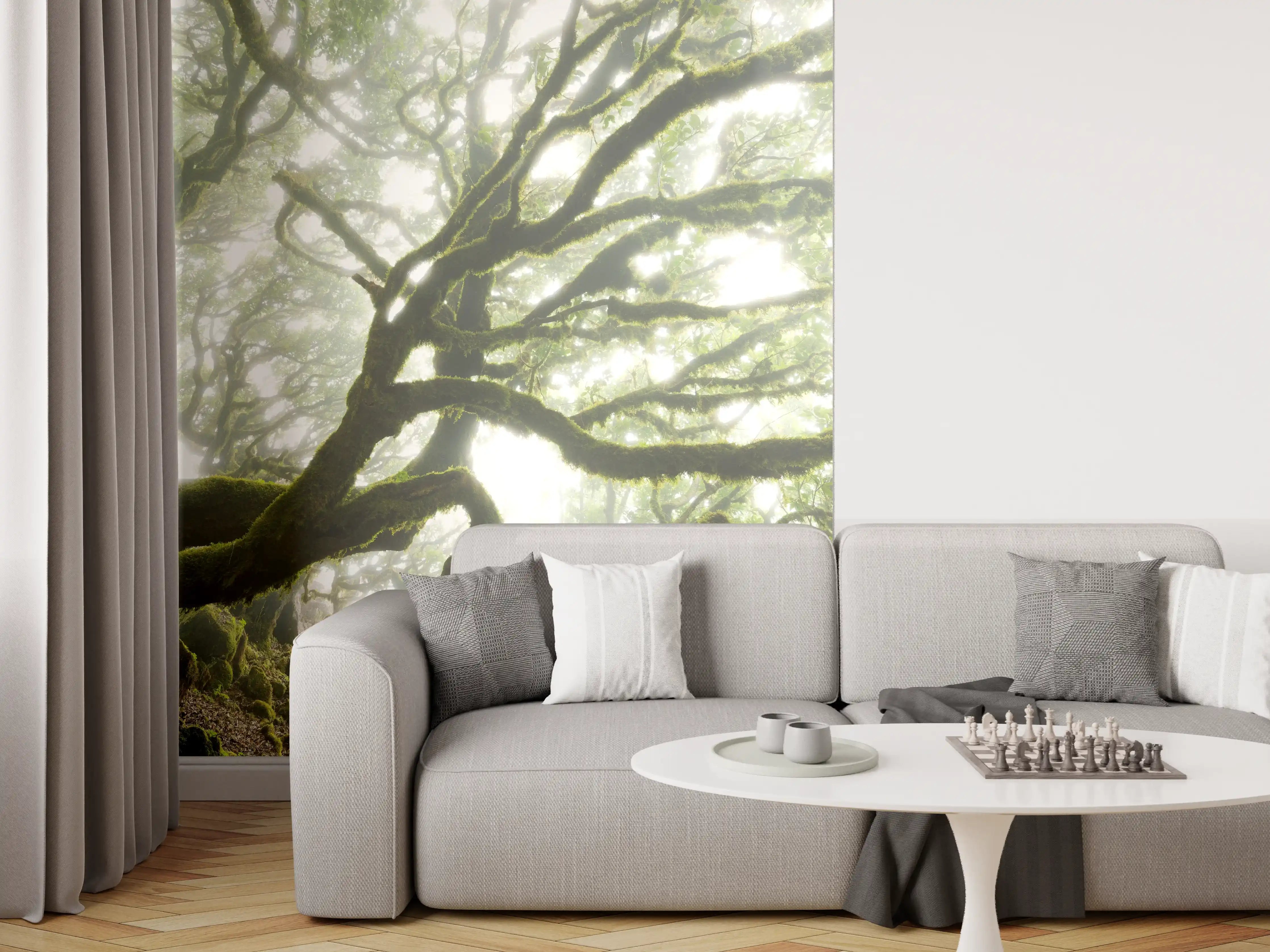 Wandverkleidung Wohnzimmer - Mystischer Baum im Nebel
