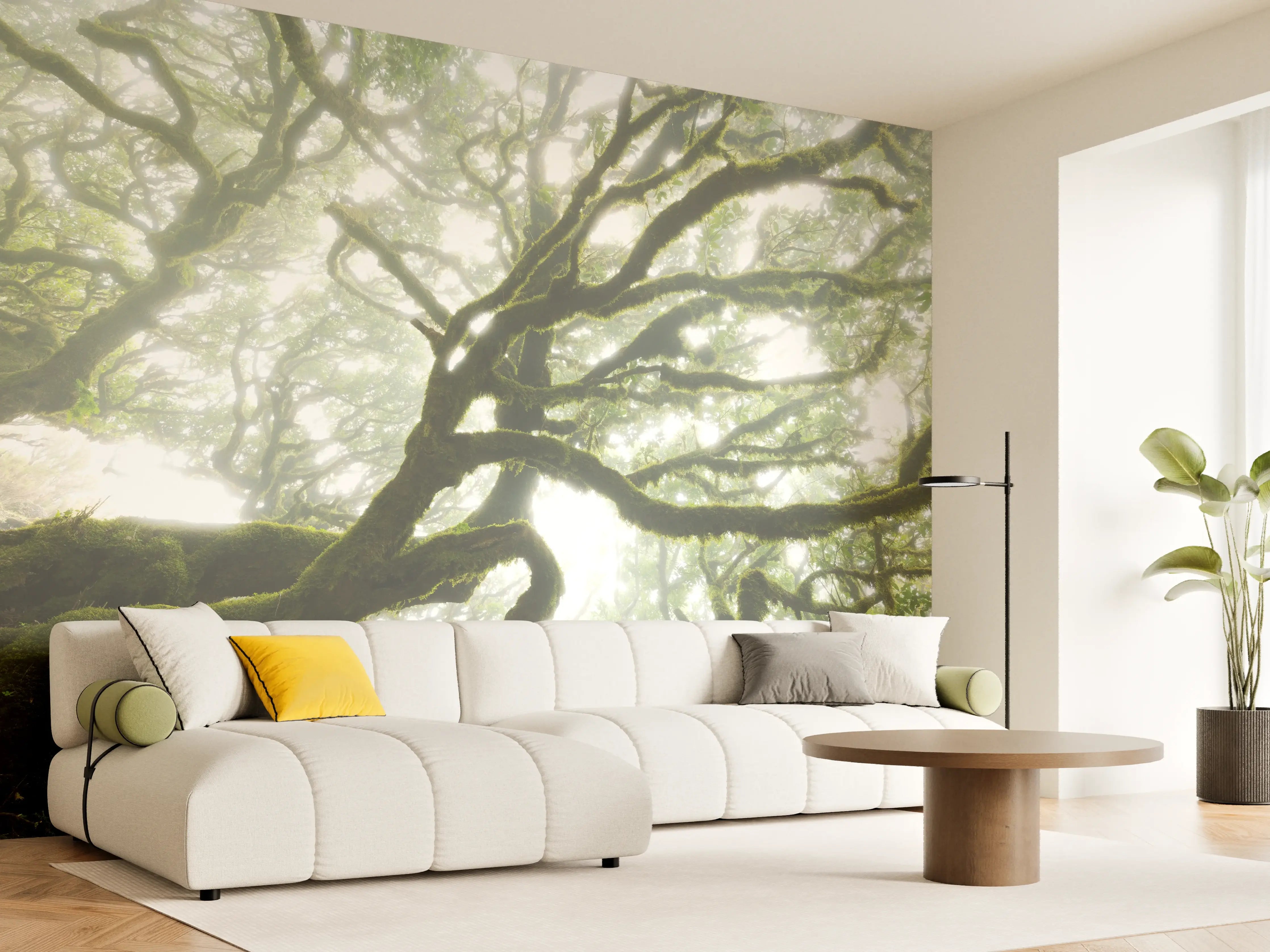 Wandverkleidung Wohnzimmer - Mystischer Baum im Nebel