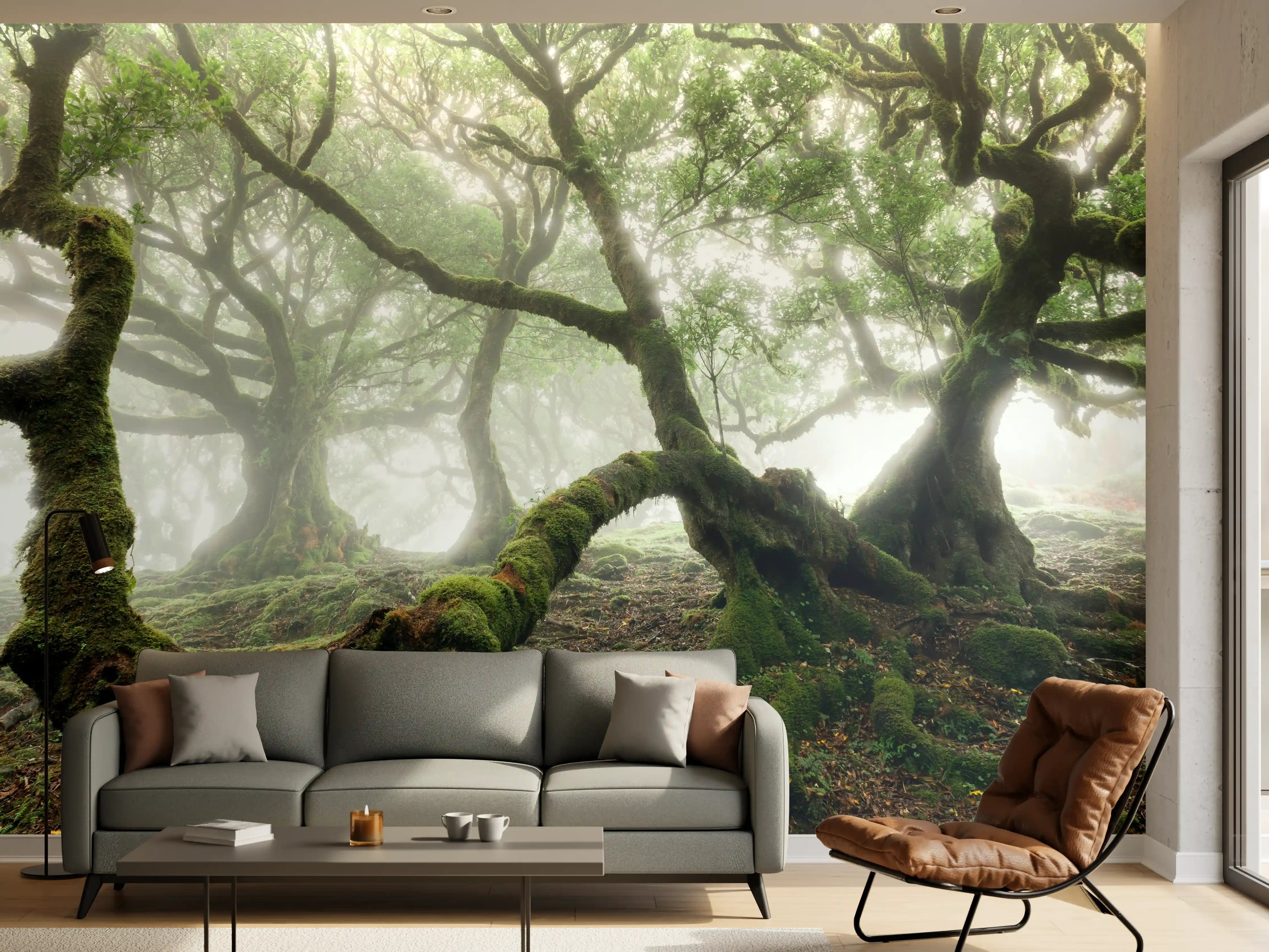 Wandverkleidung Wohnzimmer - Mystischer Baum im Nebelwald