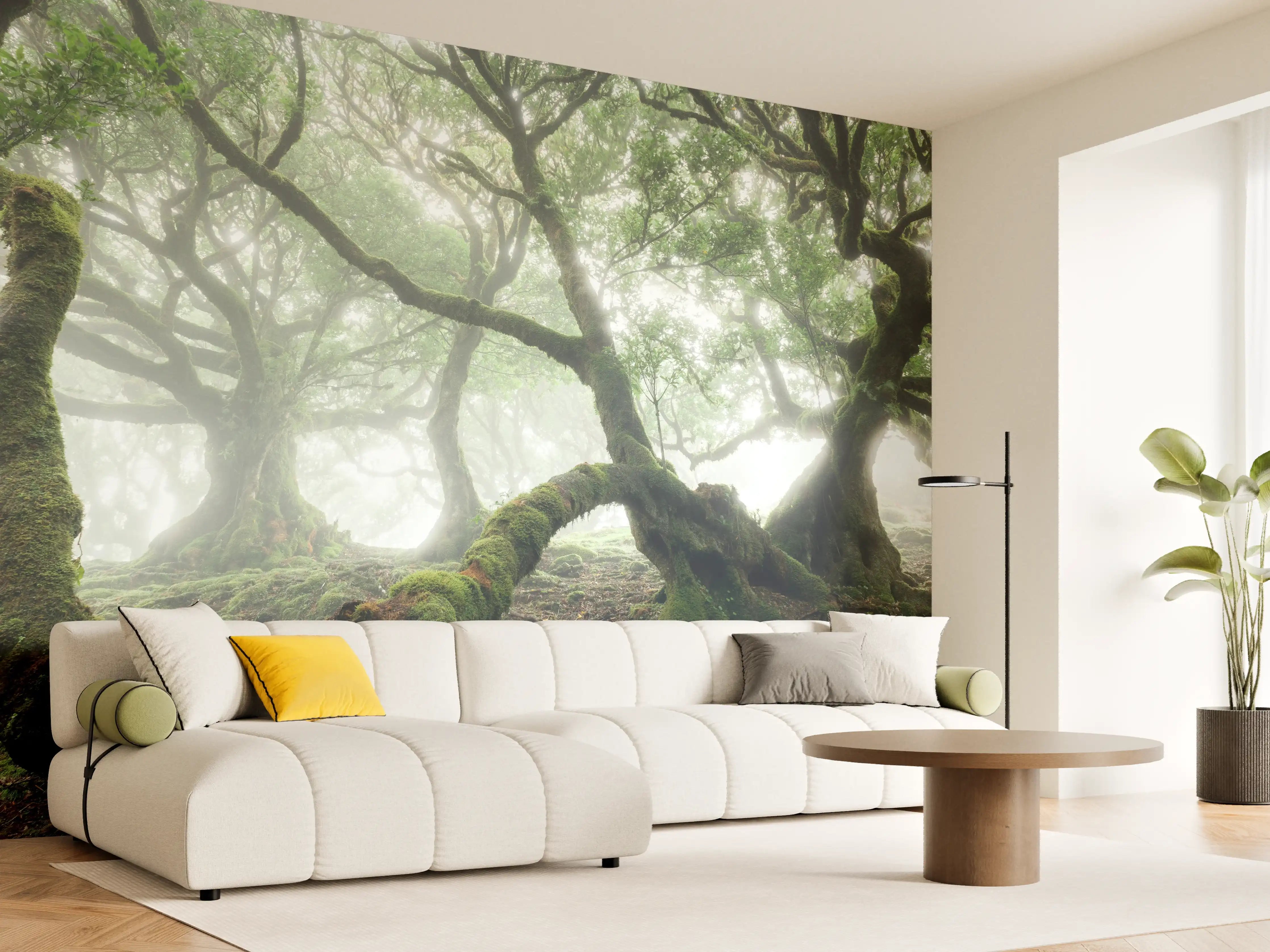 Wandverkleidung Wohnzimmer - Mystischer Baum im Nebelwald