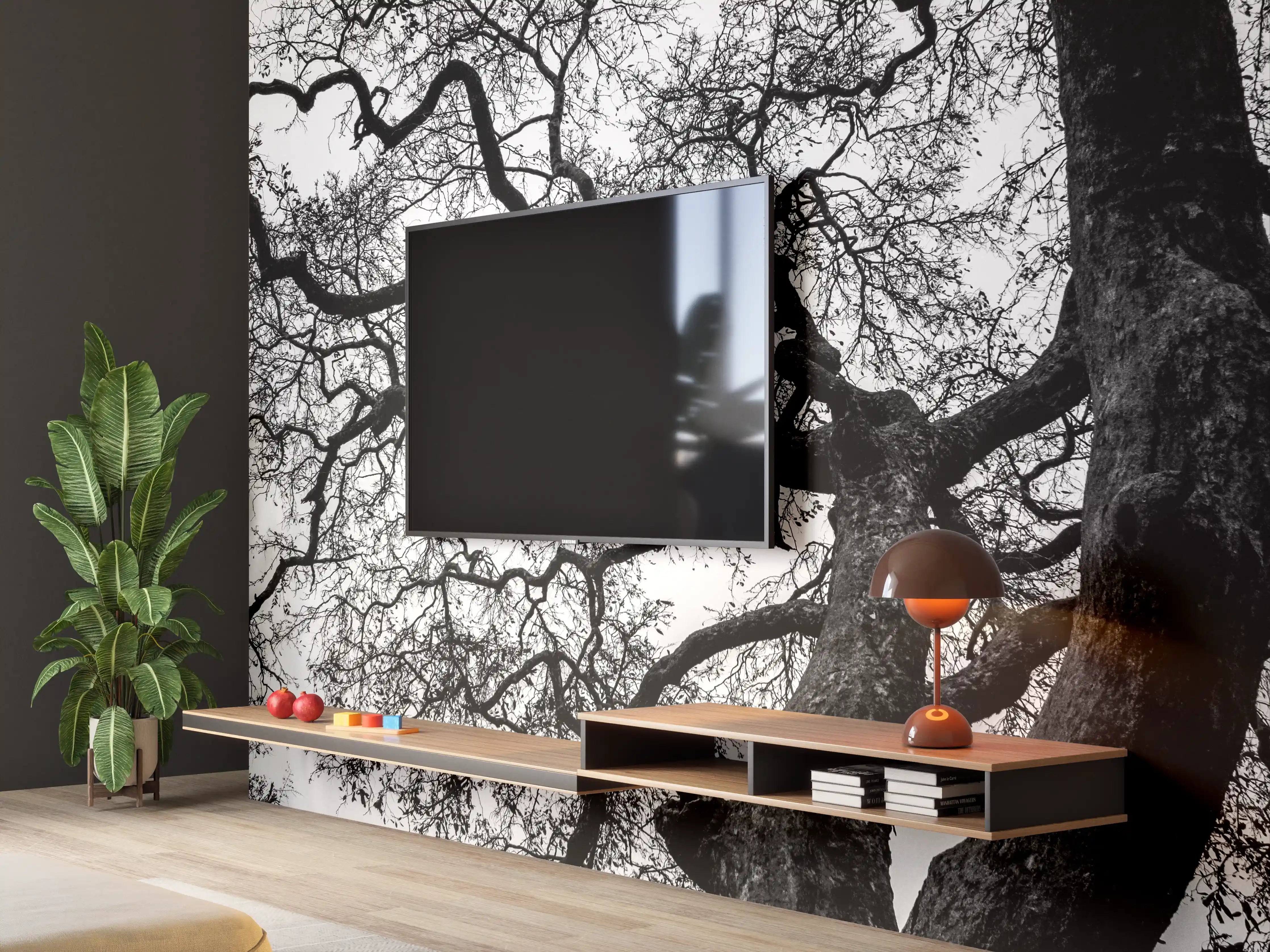 Wandverkleidung Wohnzimmer - Mystischer Baum in Schwarzweiß