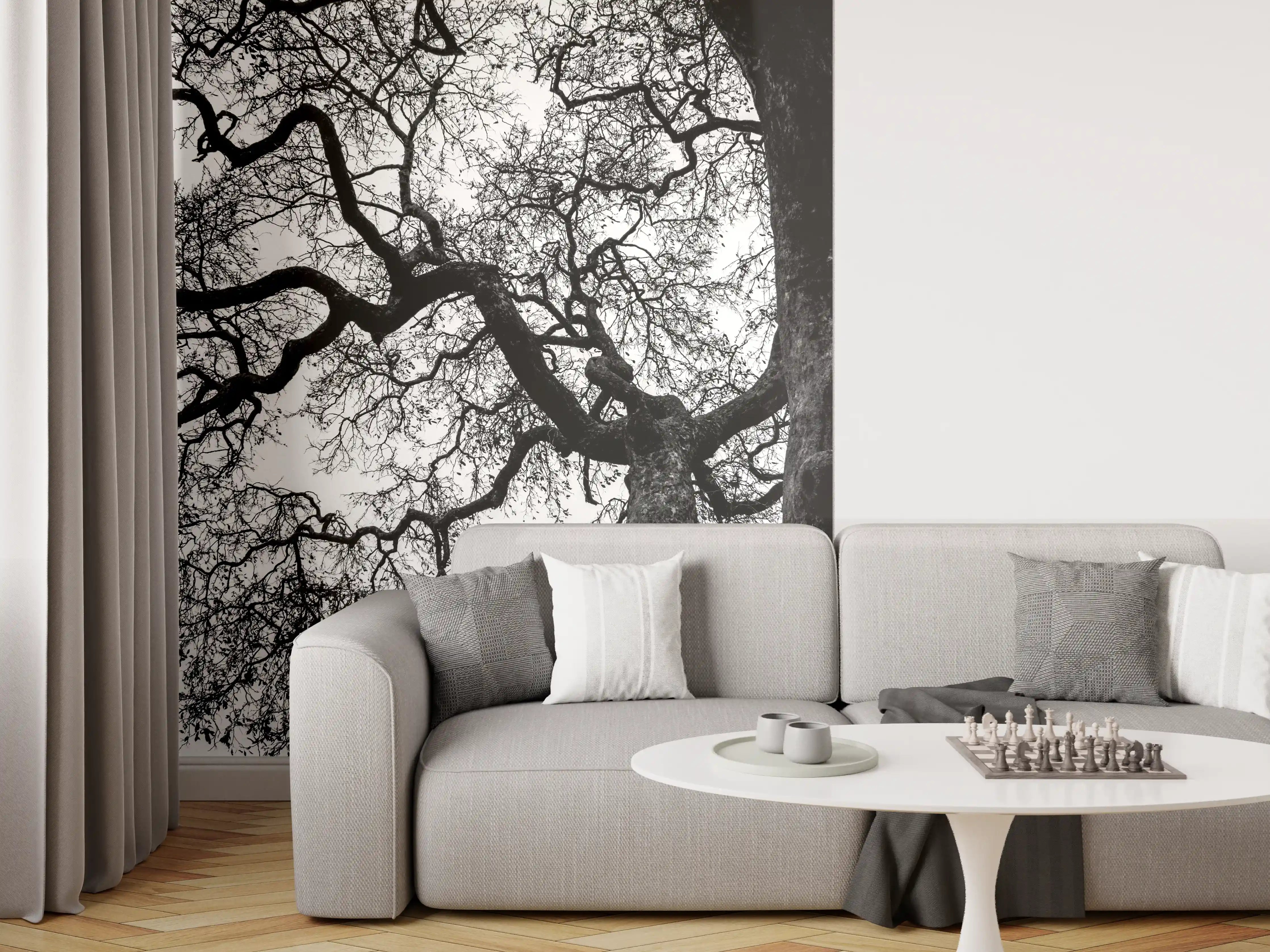Wandverkleidung Wohnzimmer - Mystischer Baum in Schwarzweiß