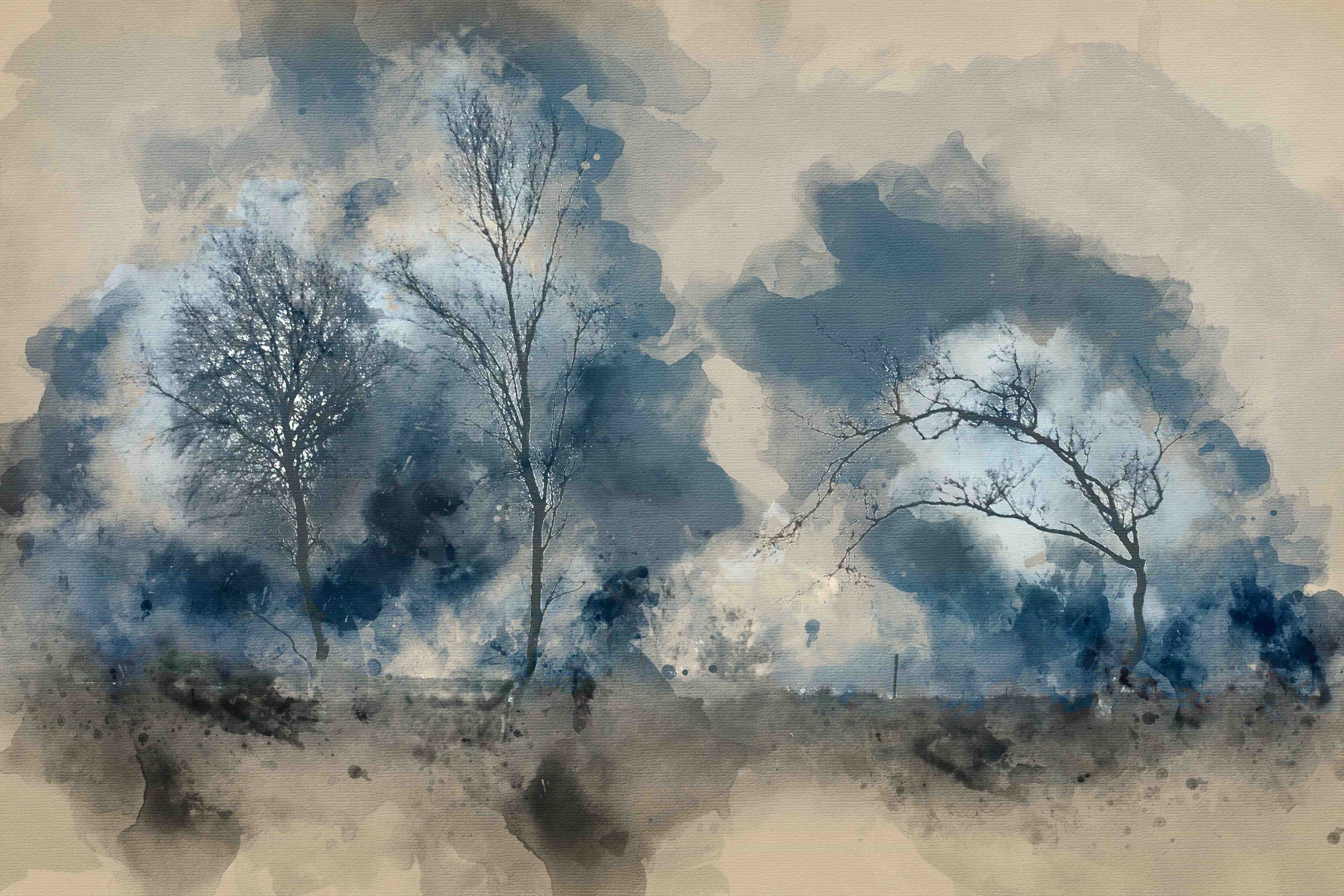 Wandverkleidung Wohnzimmer-Mystischer Baumlandschaft in Blau-Tönen