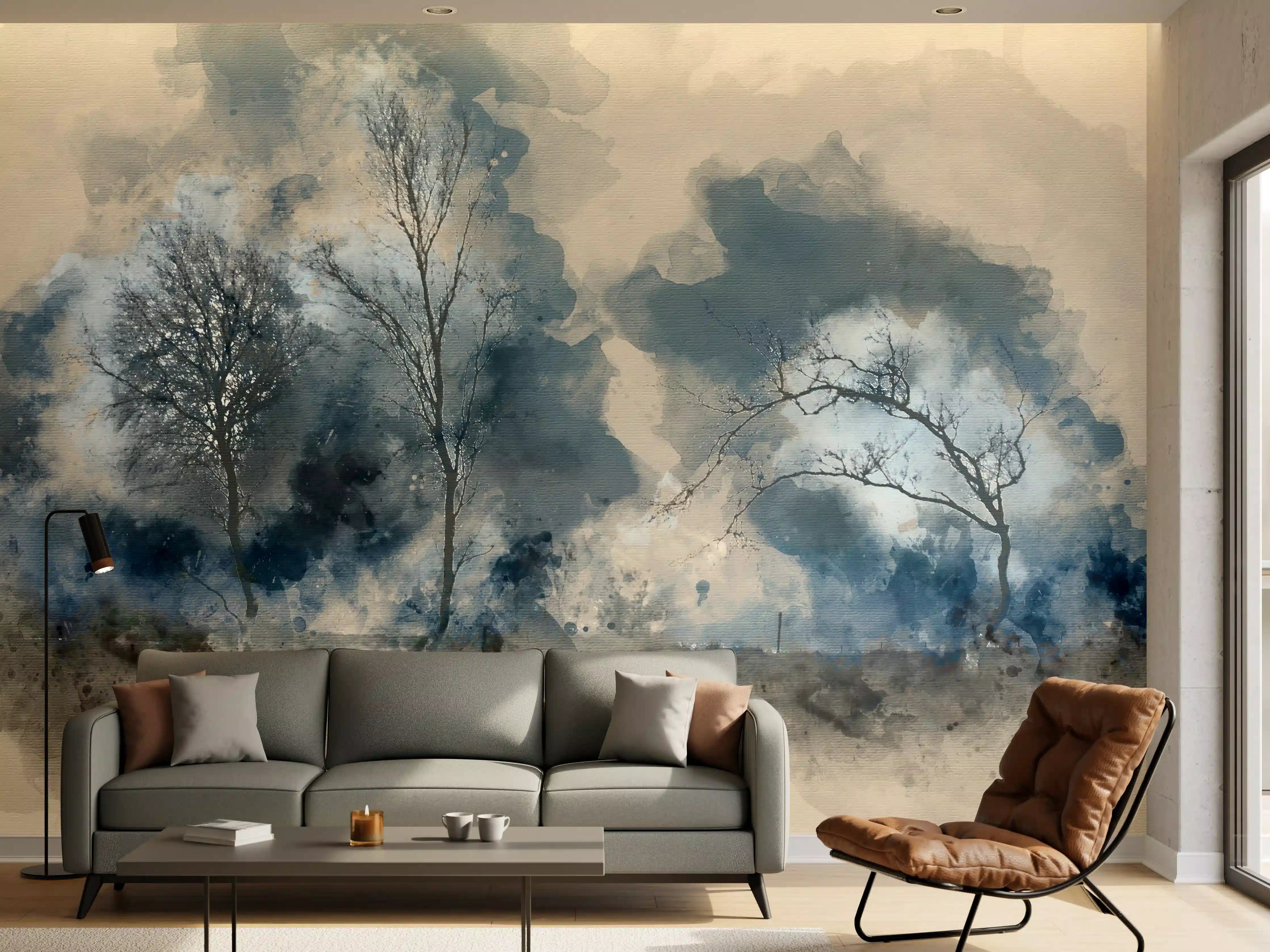 Wandverkleidung Wohnzimmer - Mystischer Baumlandschaft in Blau-Tönen