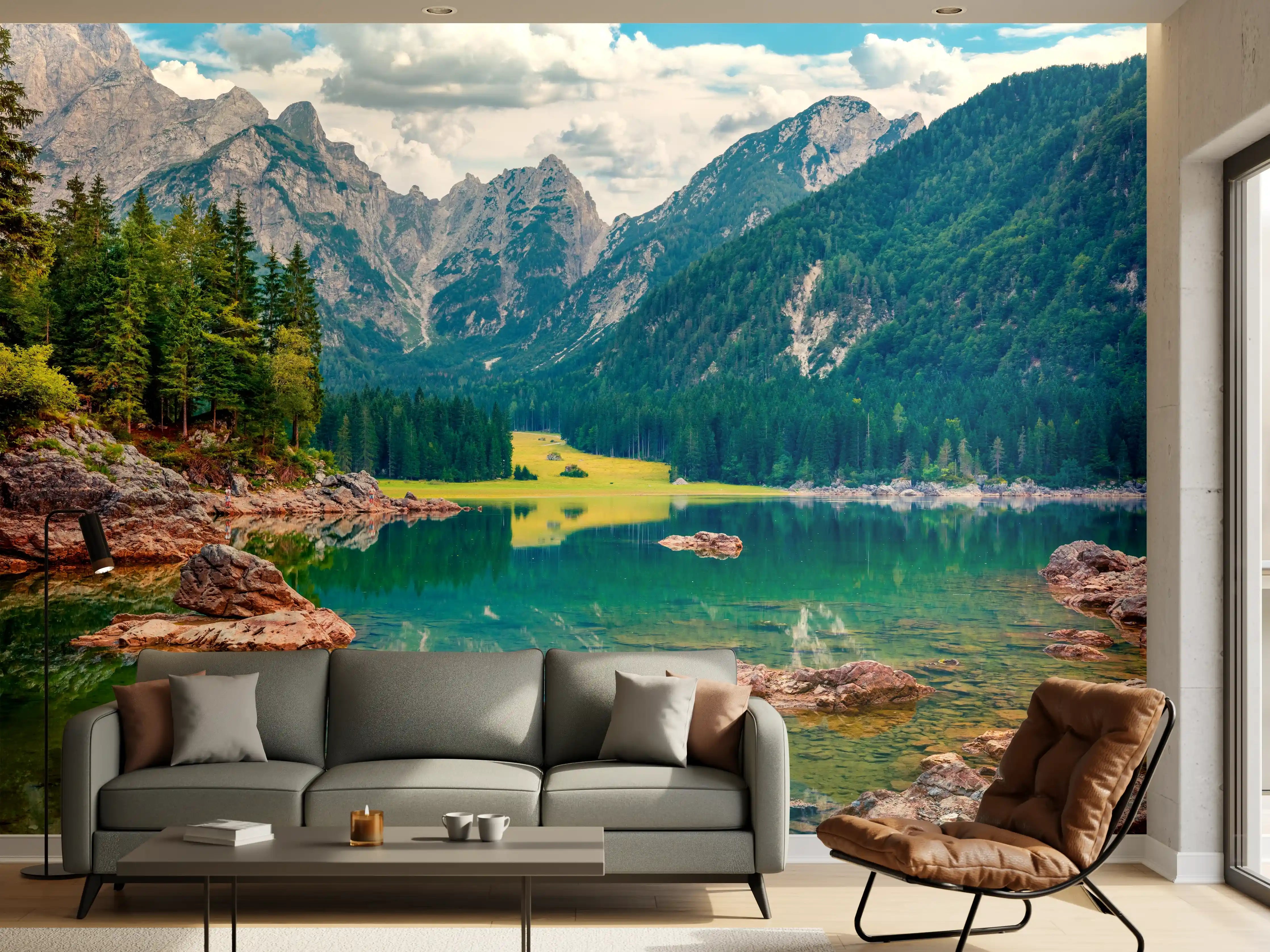 Wandverkleidung Wohnzimmer - Mystischer Bergsee im grauen Licht