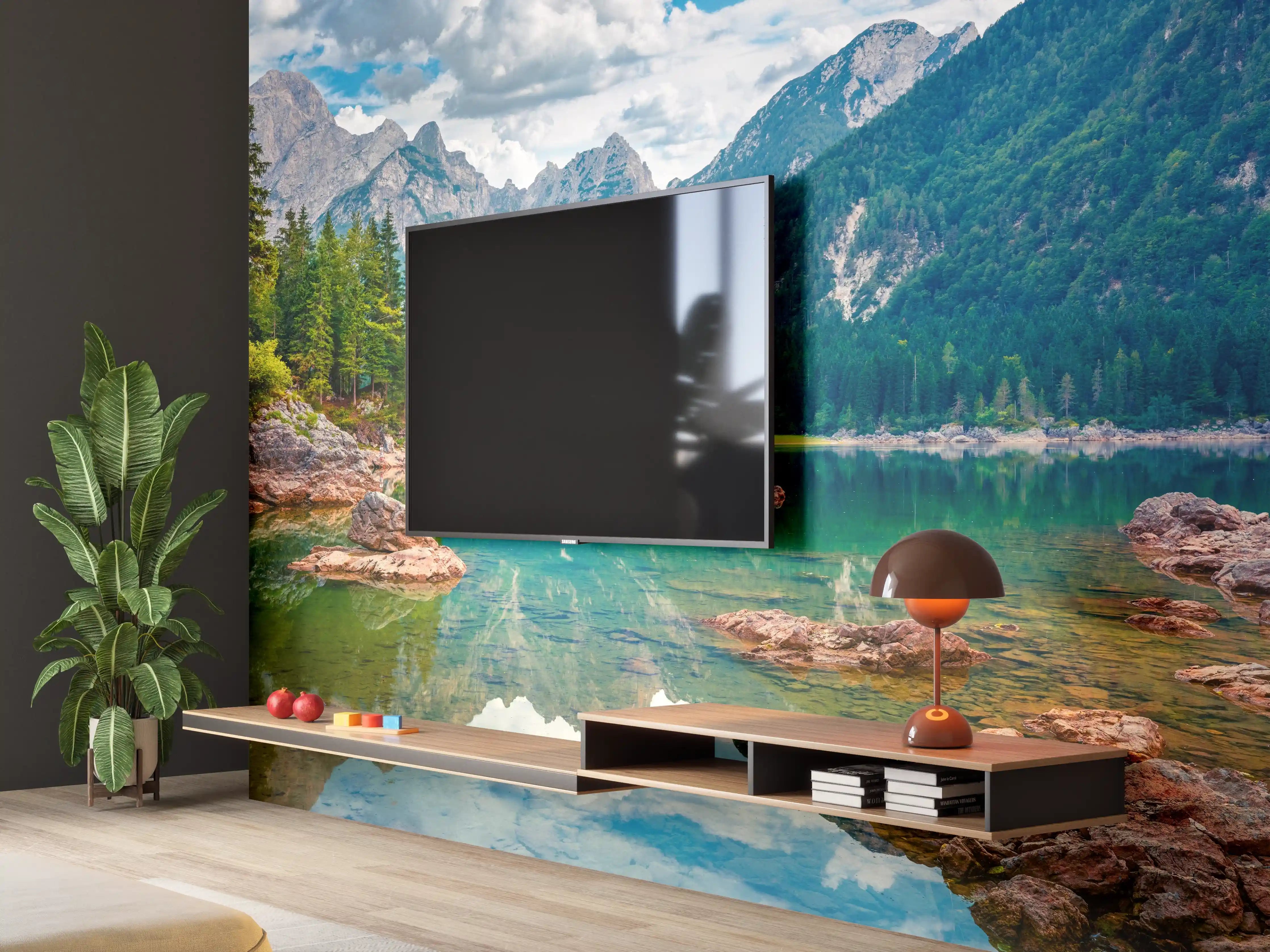 Wandverkleidung Wohnzimmer - Mystischer Bergsee im grauen Licht