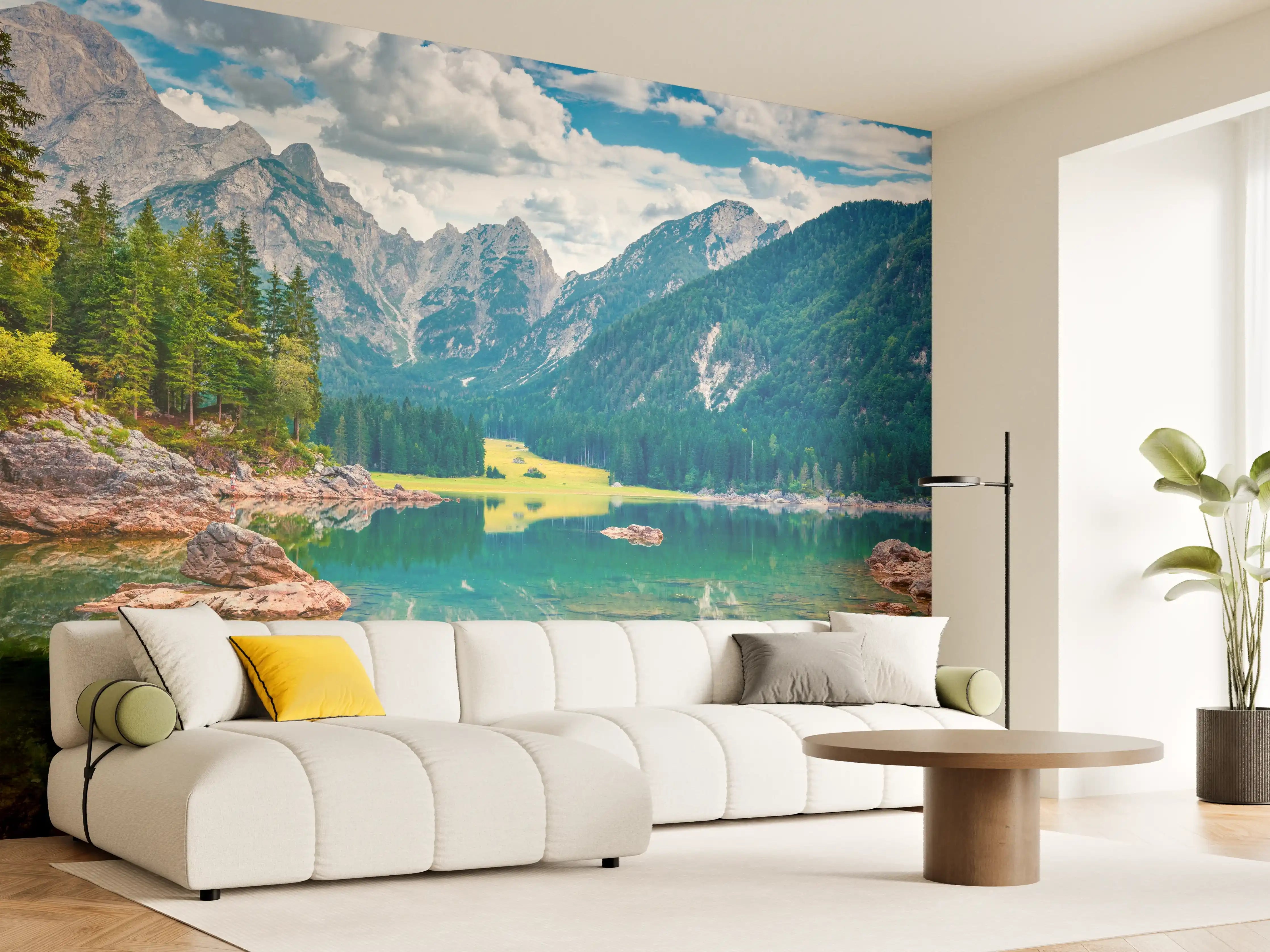 Wandverkleidung Wohnzimmer - Mystischer Bergsee im grauen Licht