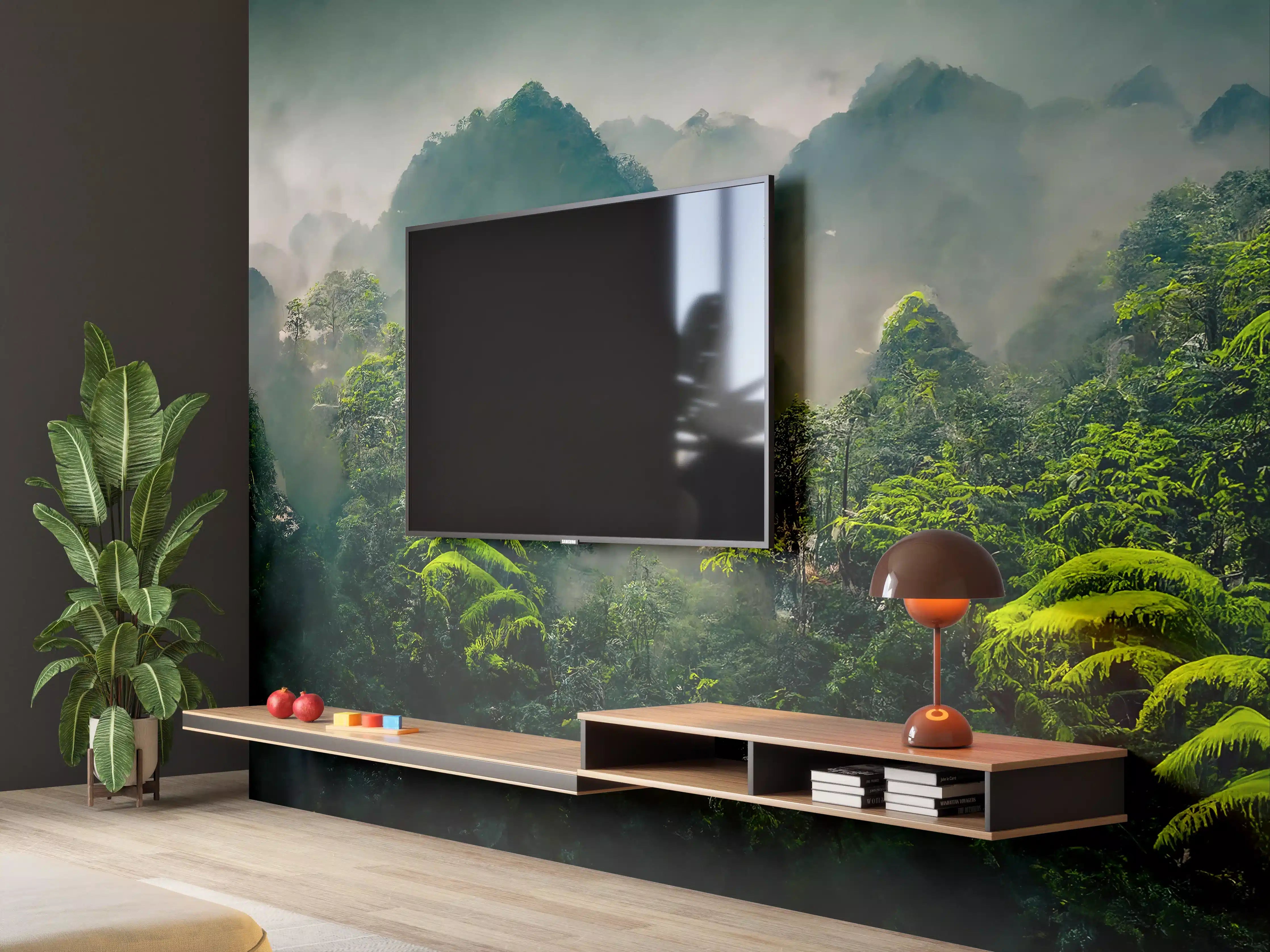 Wandverkleidung Wohnzimmer - Mystischer Dschungel im Nebel