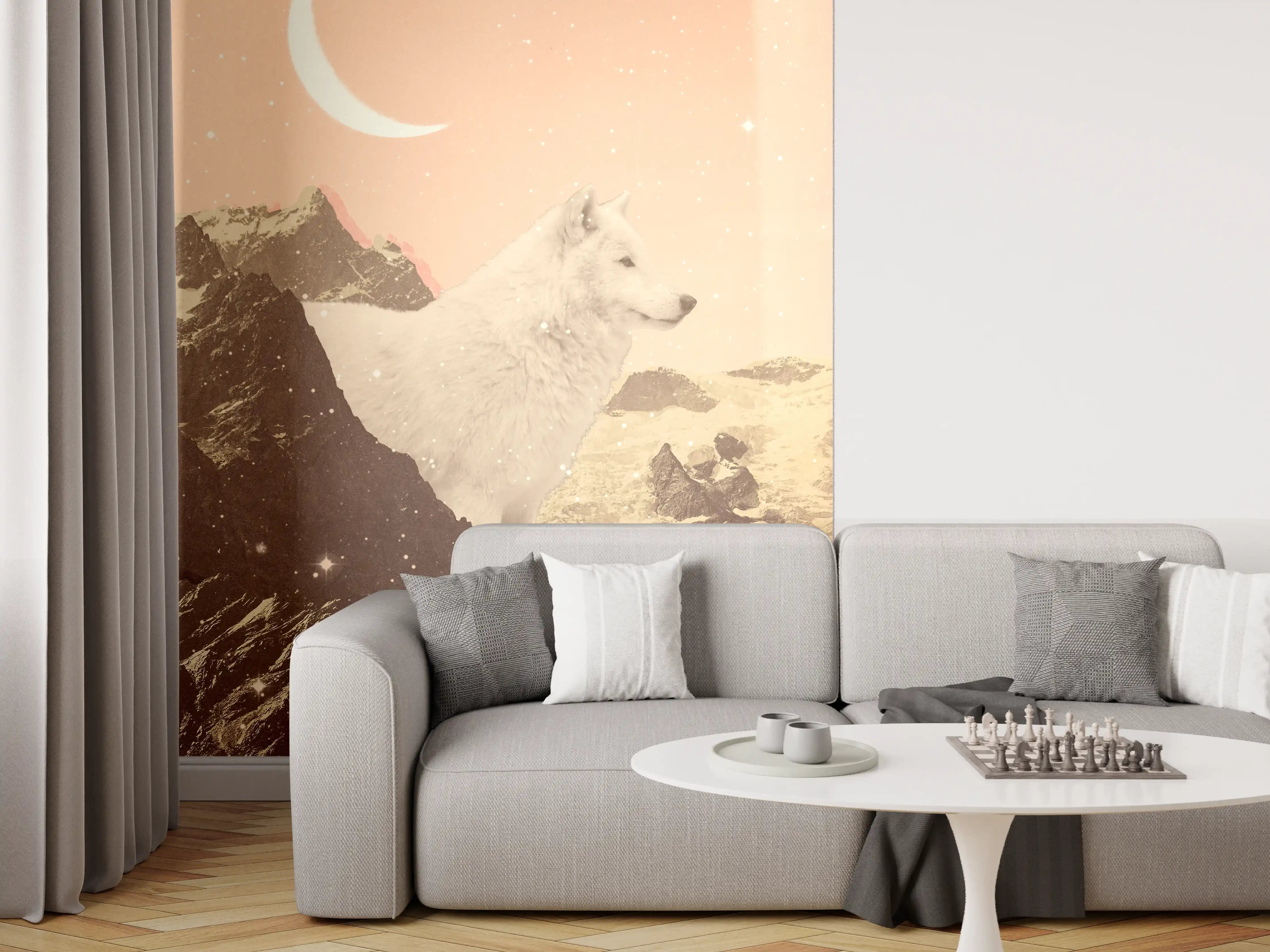 Wandverkleidung Wohnzimmer - Mystischer Luchse in Berglandschaft bei Mondschein