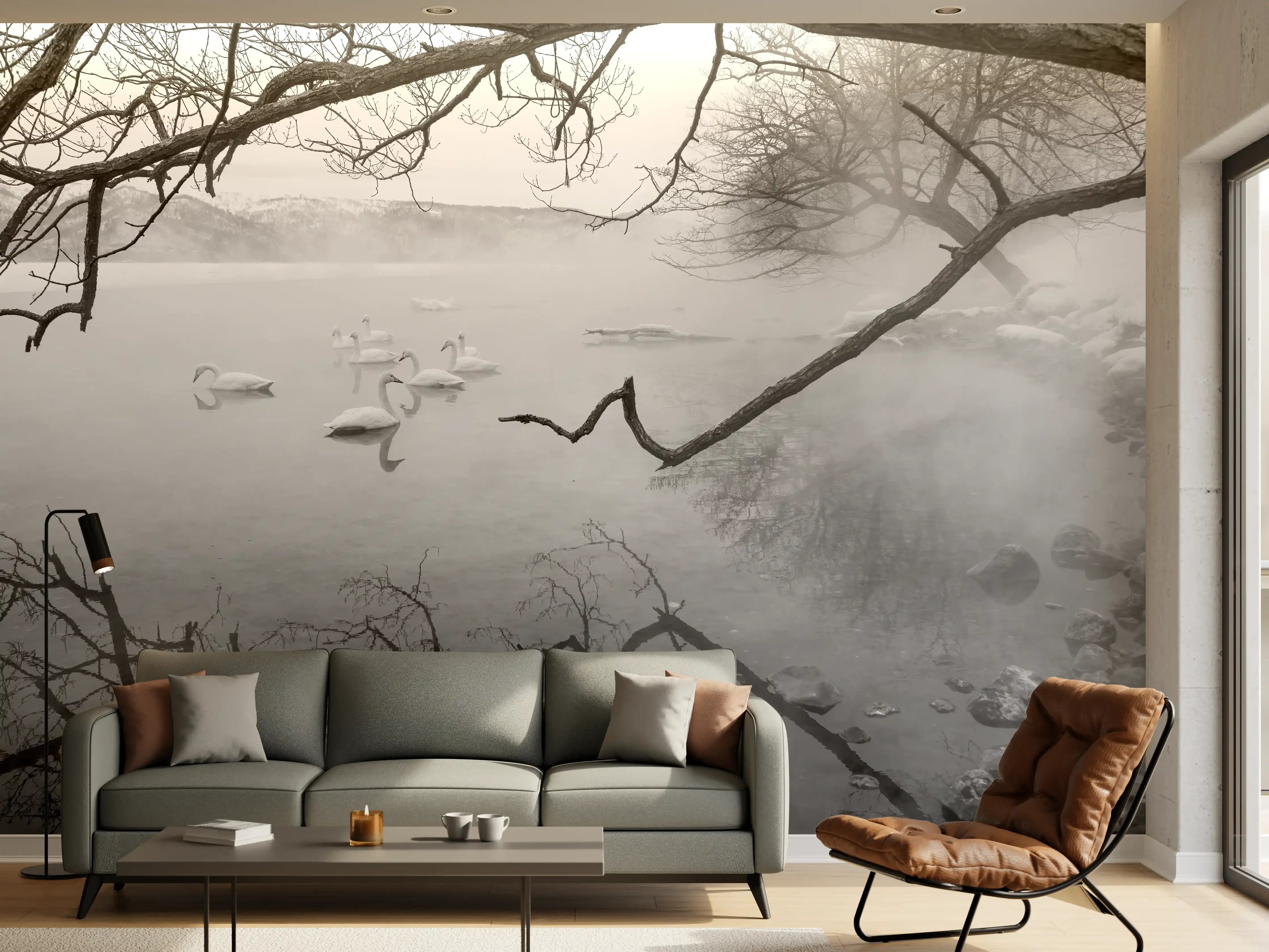 Wandverkleidung Wohnzimmer - Mystischer Nebel am Fluss