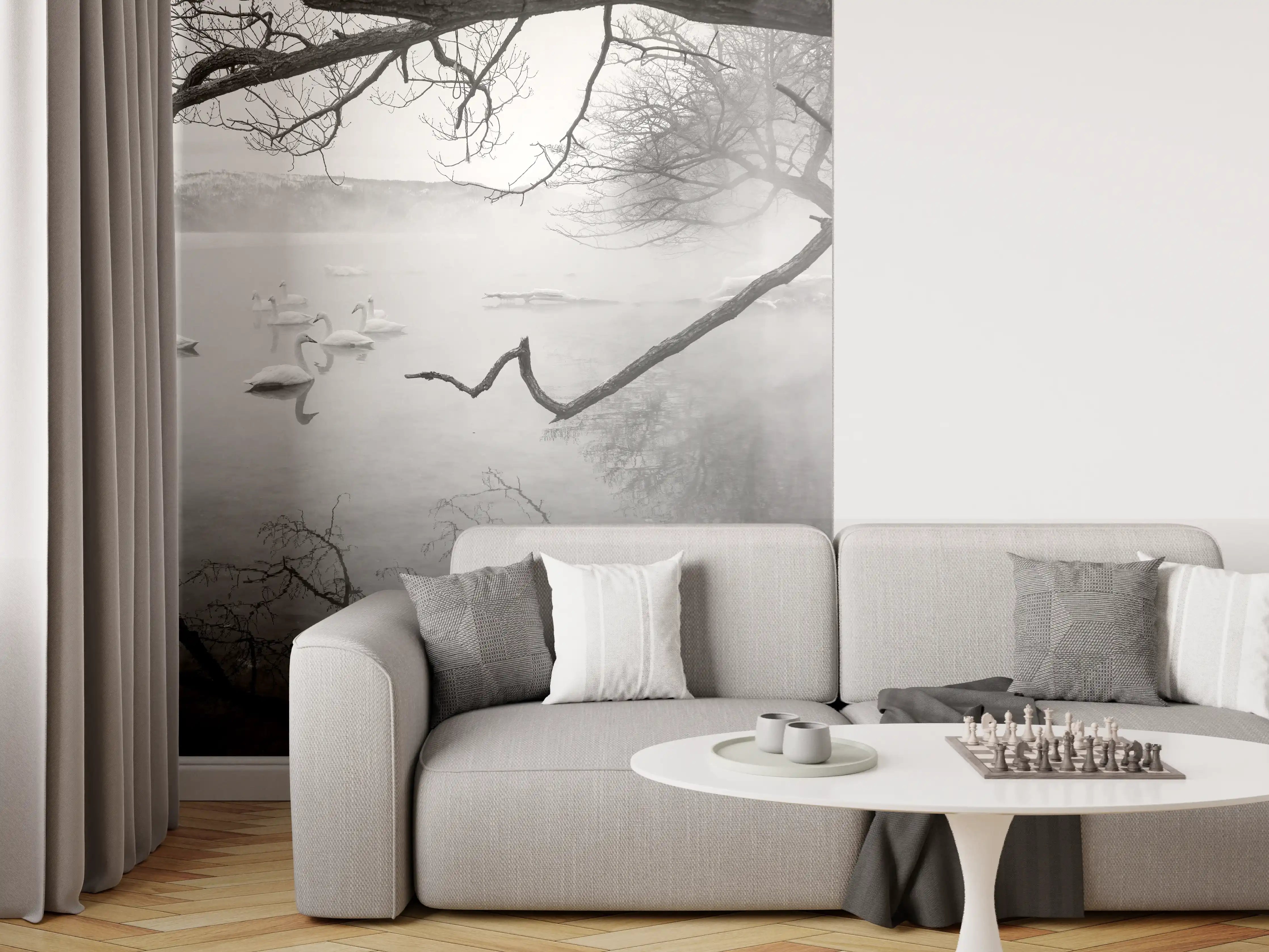 Wandverkleidung Wohnzimmer - Mystischer Nebel am Fluss