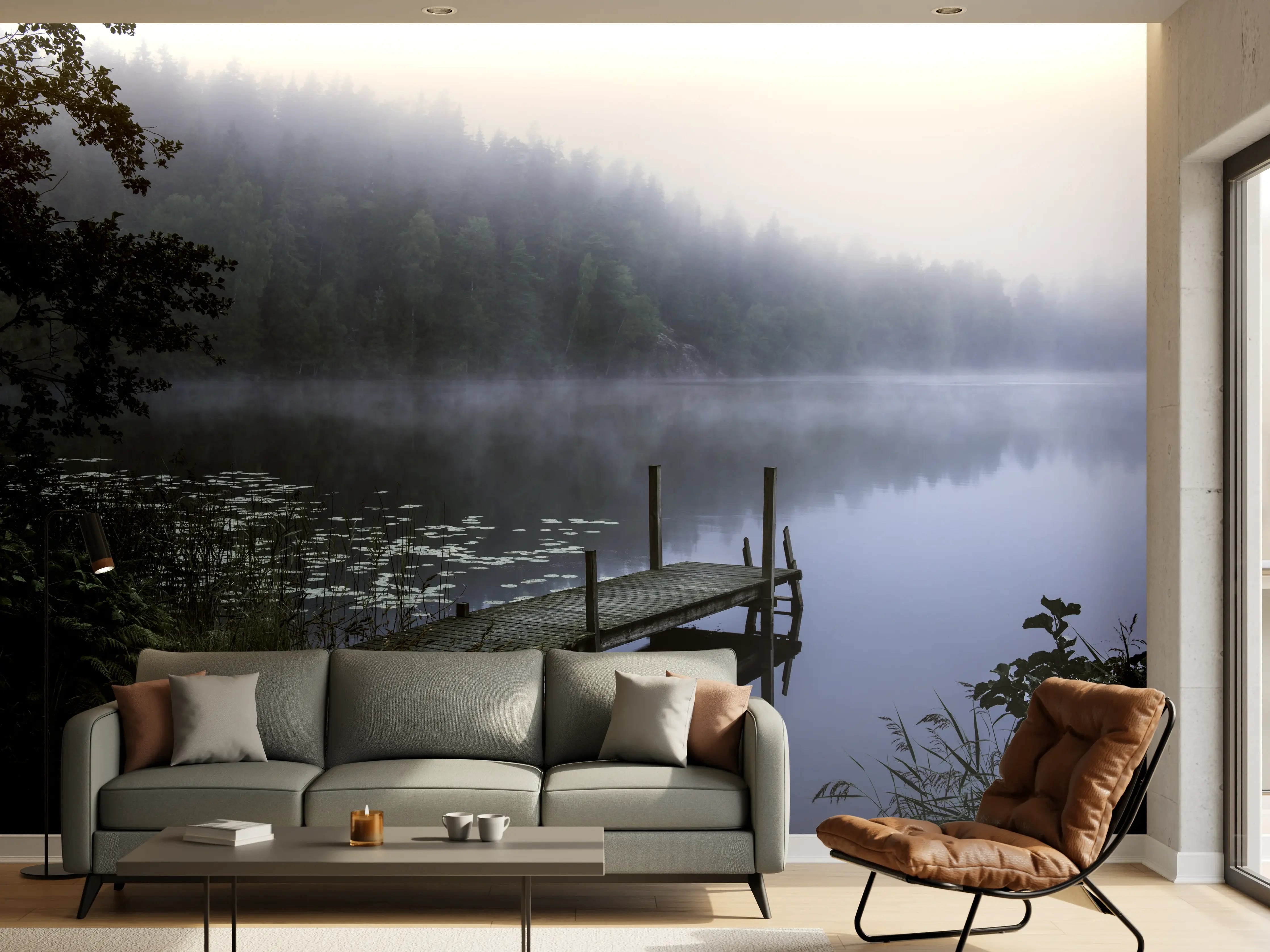 Wandverkleidung Wohnzimmer - Mystischer Nebel am ruhigen See mit Bootsanlegesteg