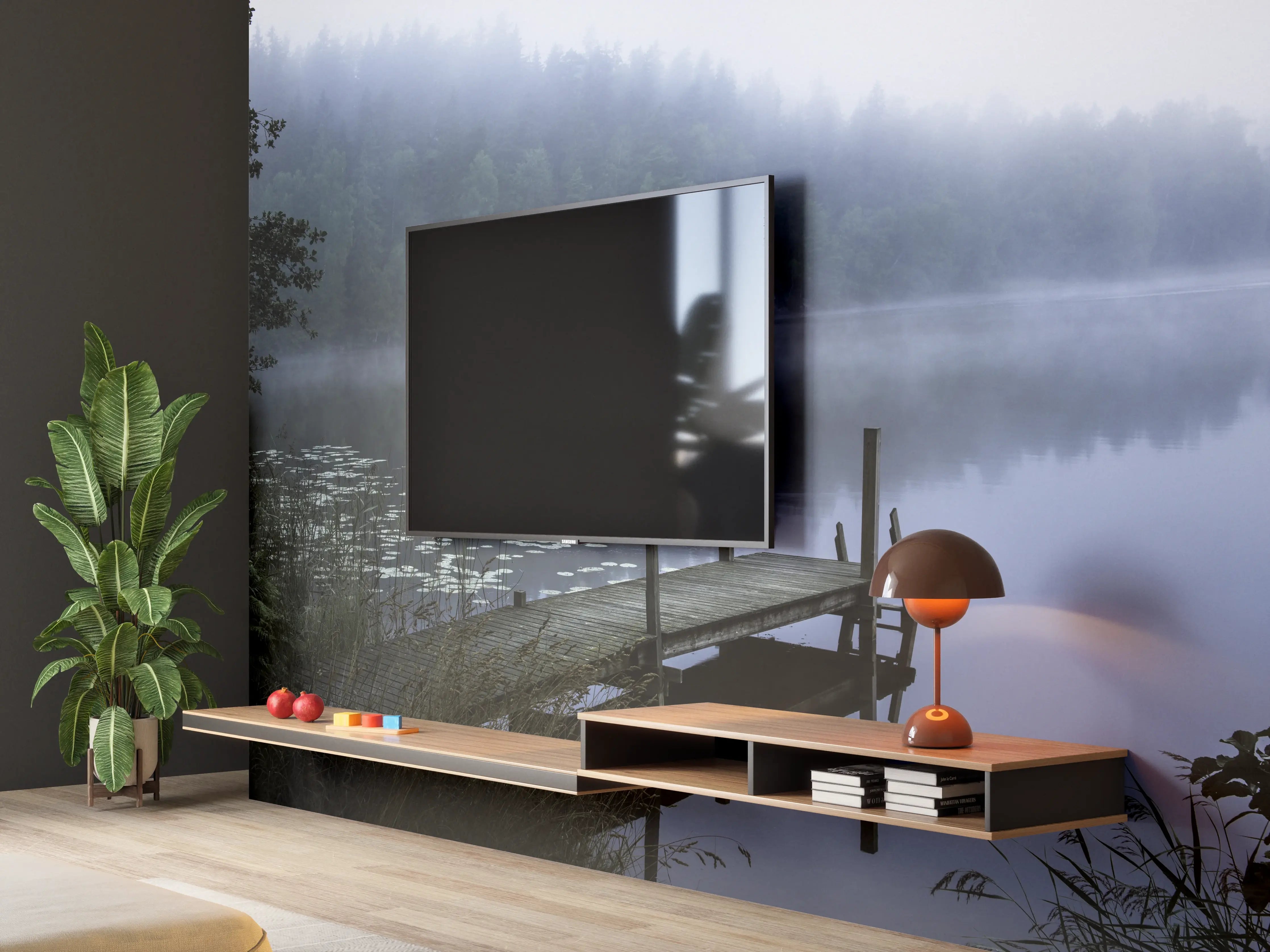 Wandverkleidung Wohnzimmer - Mystischer Nebel am ruhigen See mit Bootsanlegesteg