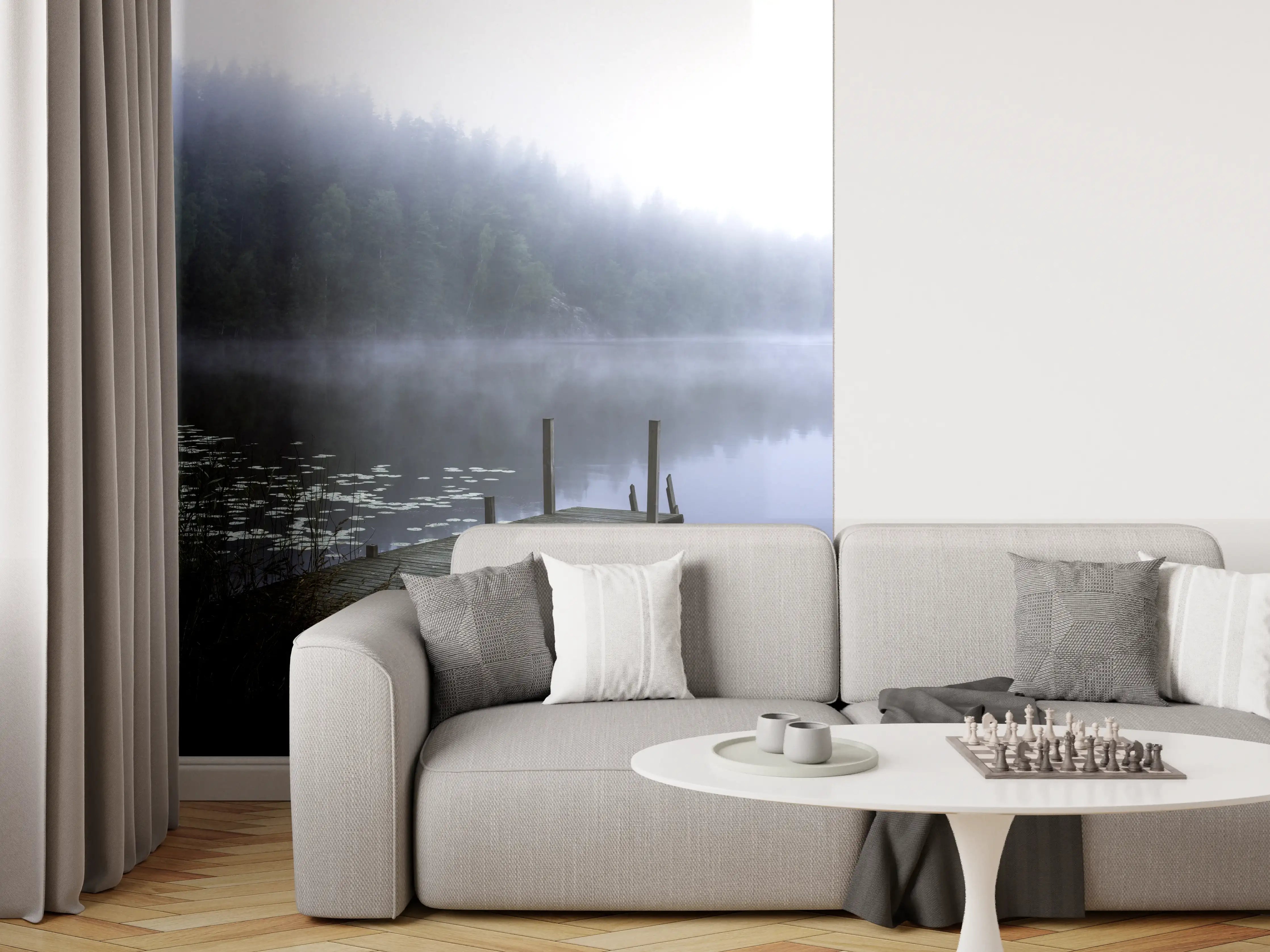 Wandverkleidung Wohnzimmer - Mystischer Nebel am ruhigen See mit Bootsanlegesteg