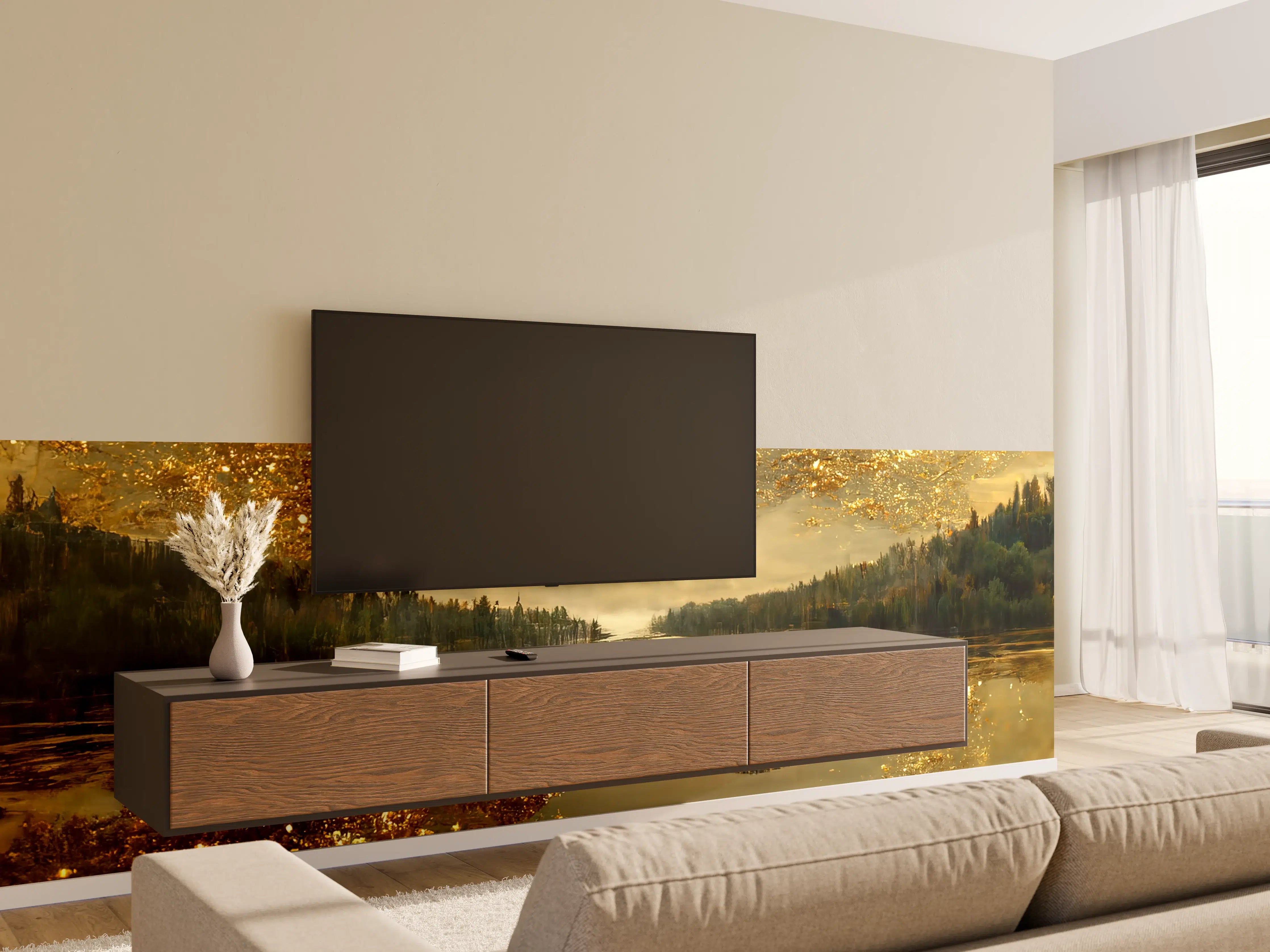 Wandverkleidung Wohnzimmer - Mystischer See mit goldener Abendstimmung