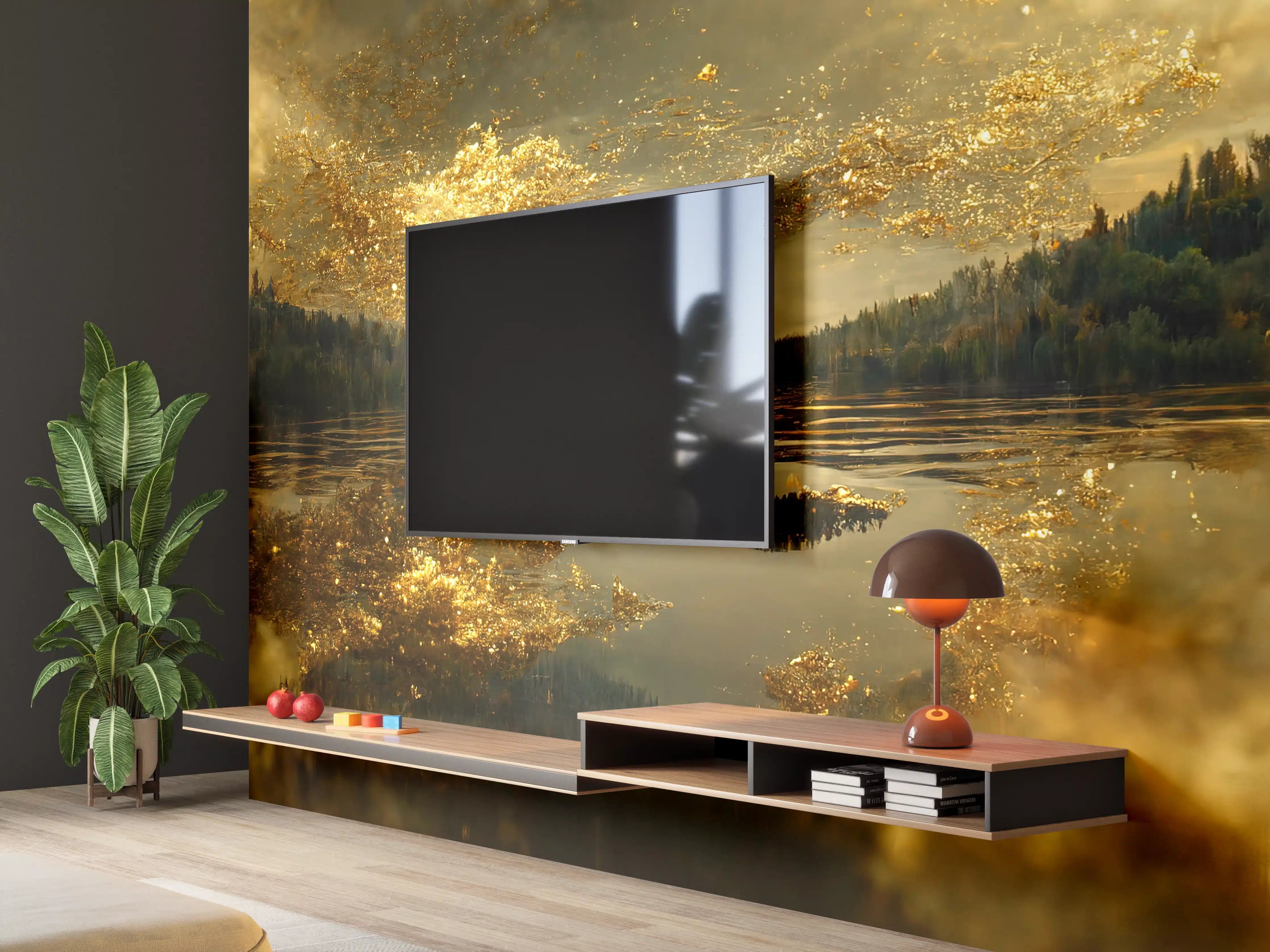 Wandverkleidung Wohnzimmer - Mystischer See mit goldener Abendstimmung
