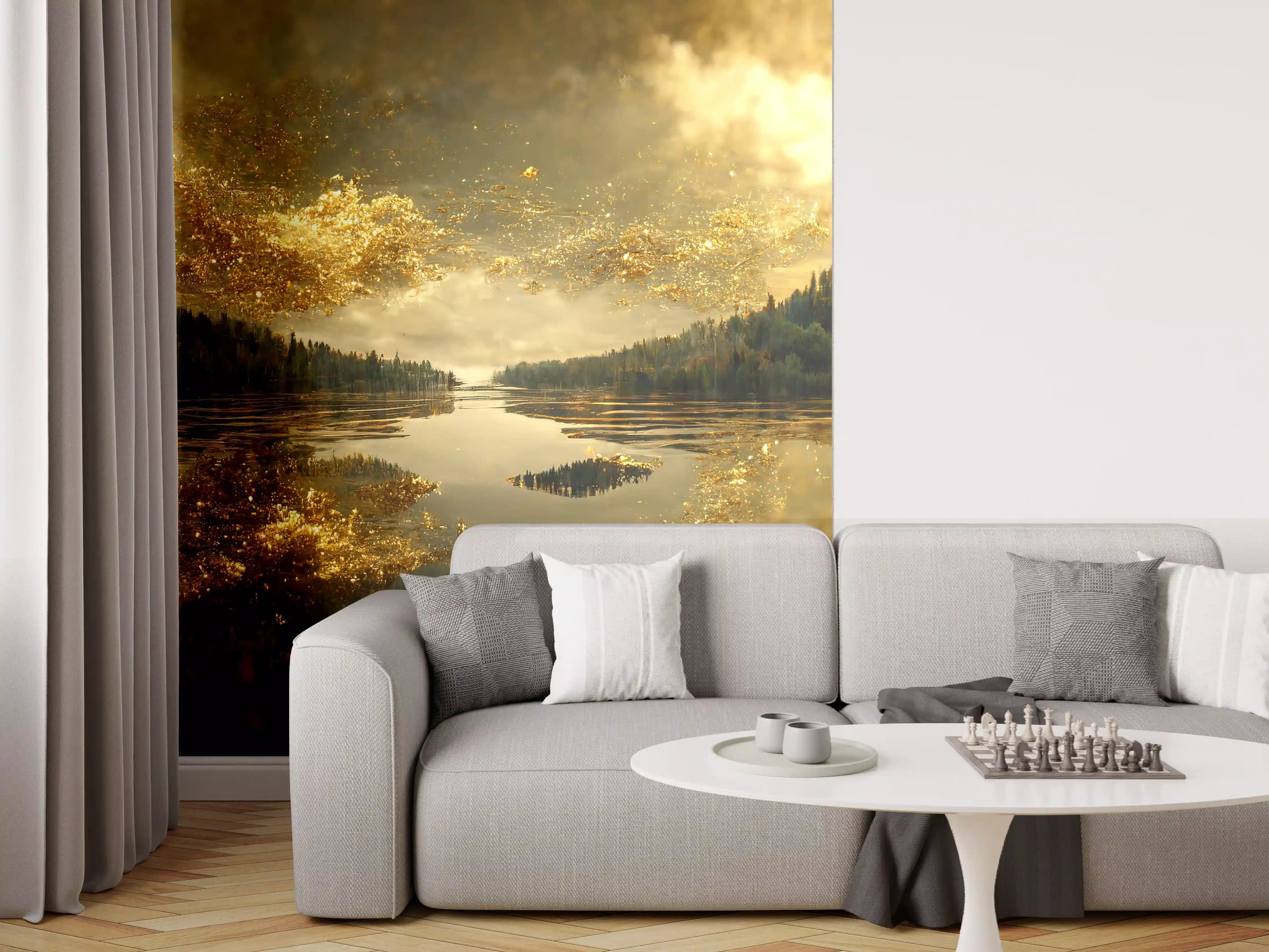 Wandverkleidung Wohnzimmer - Mystischer See mit goldener Abendstimmung