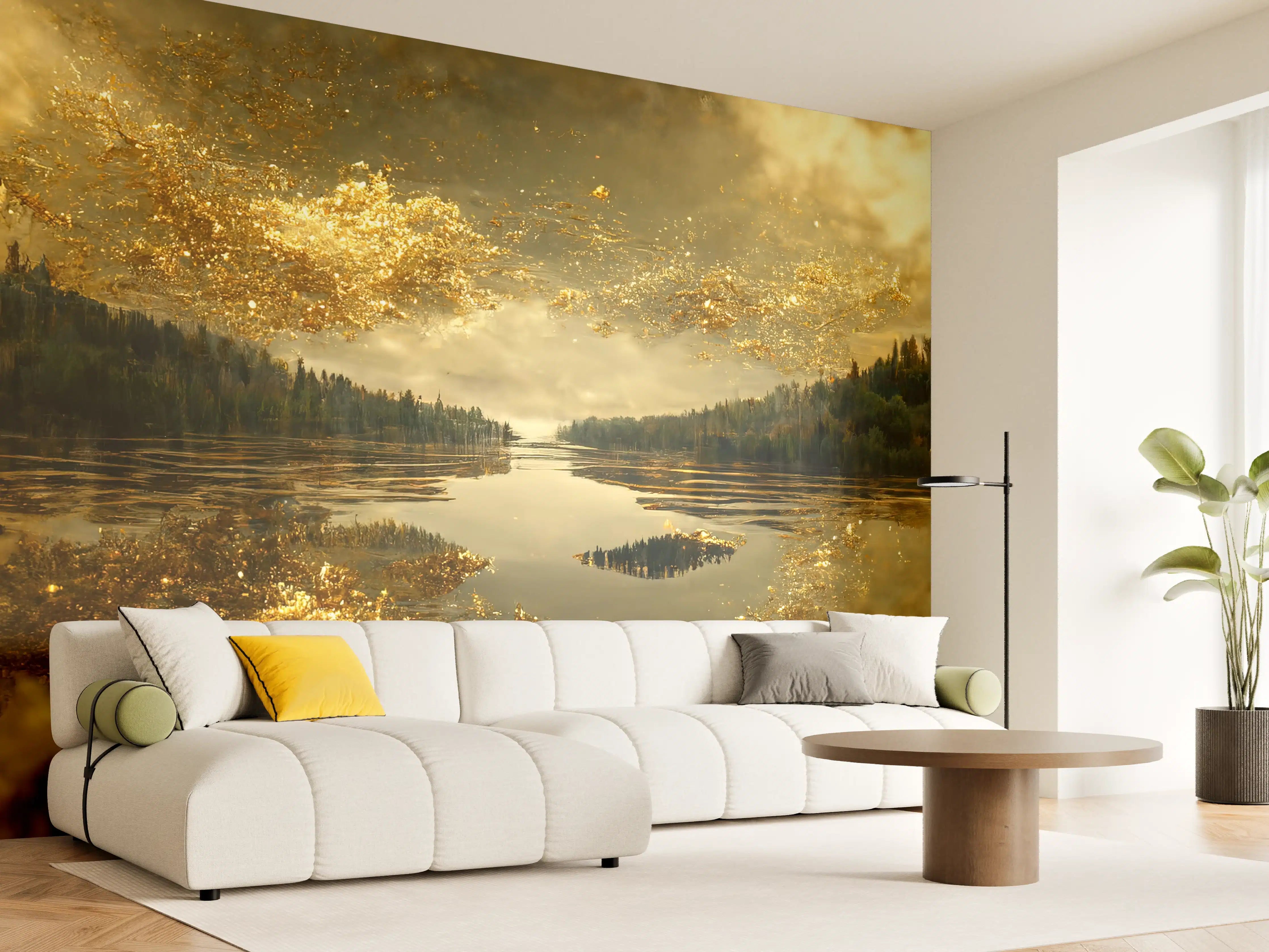 Wandverkleidung Wohnzimmer - Mystischer See mit goldener Abendstimmung