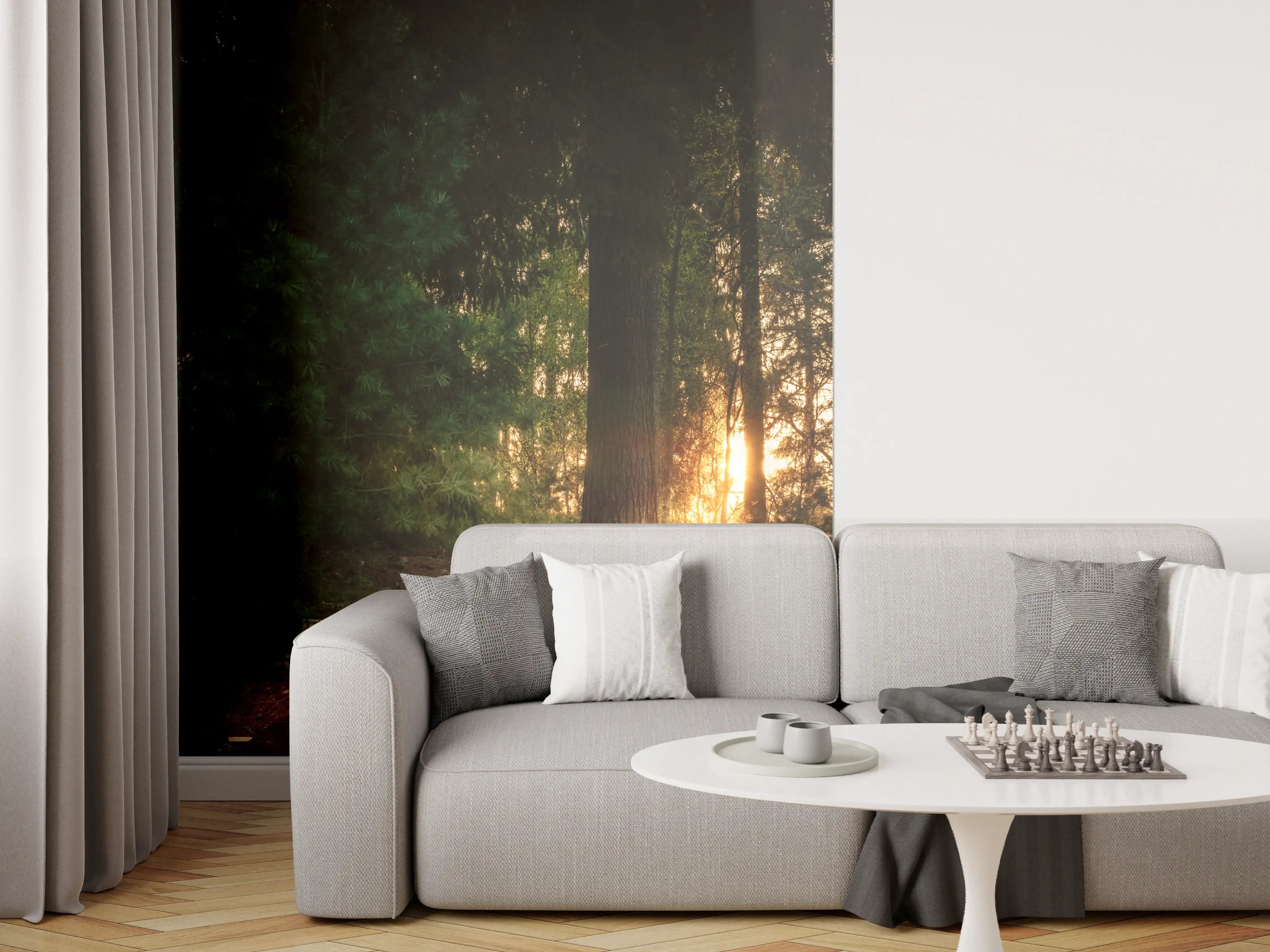 Wandverkleidung Wohnzimmer - Mystischer Sonnenuntergang im Wald