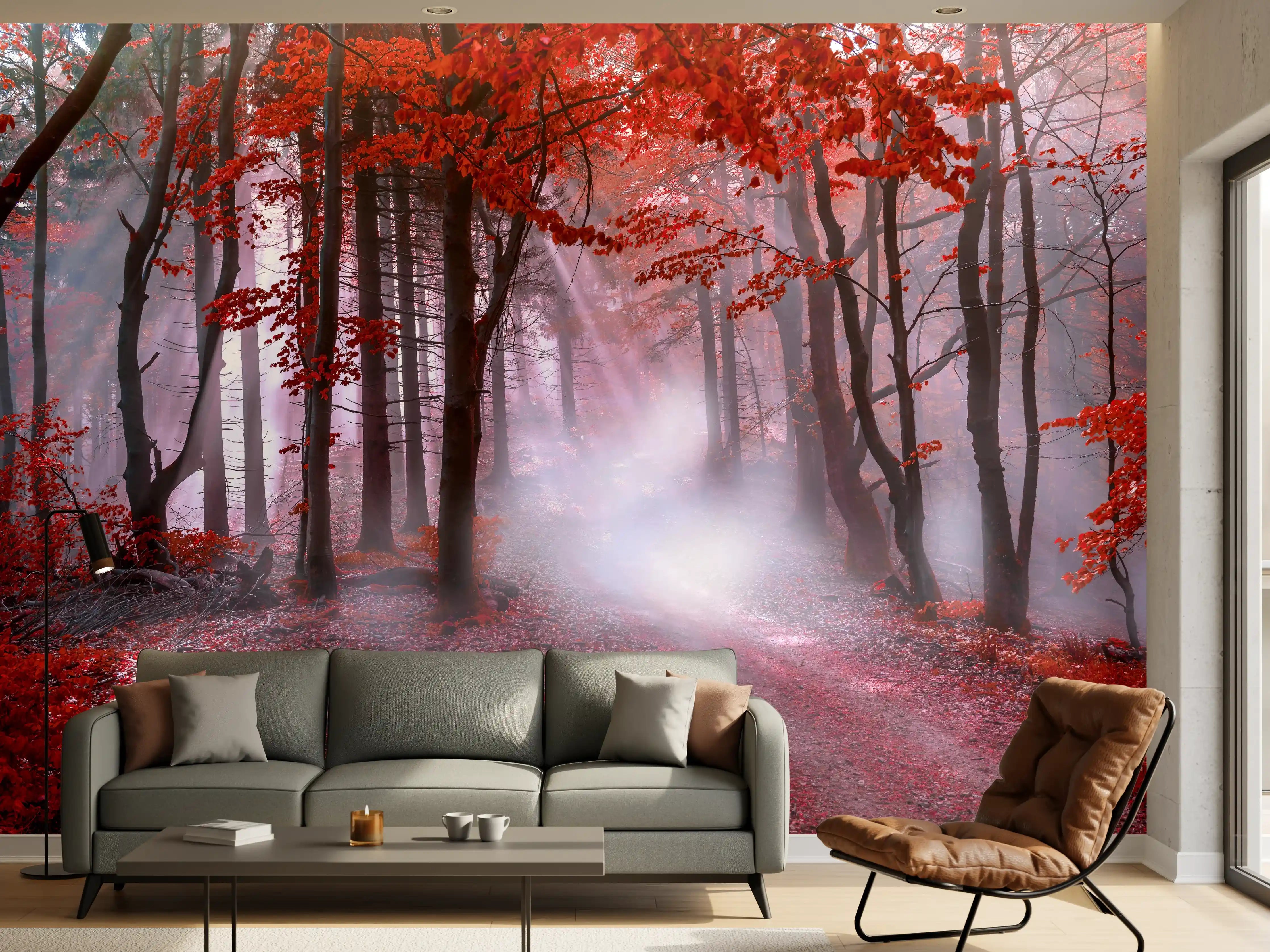 Wandverkleidung Wohnzimmer - Mystischer Wald im Herbst mit Nebel