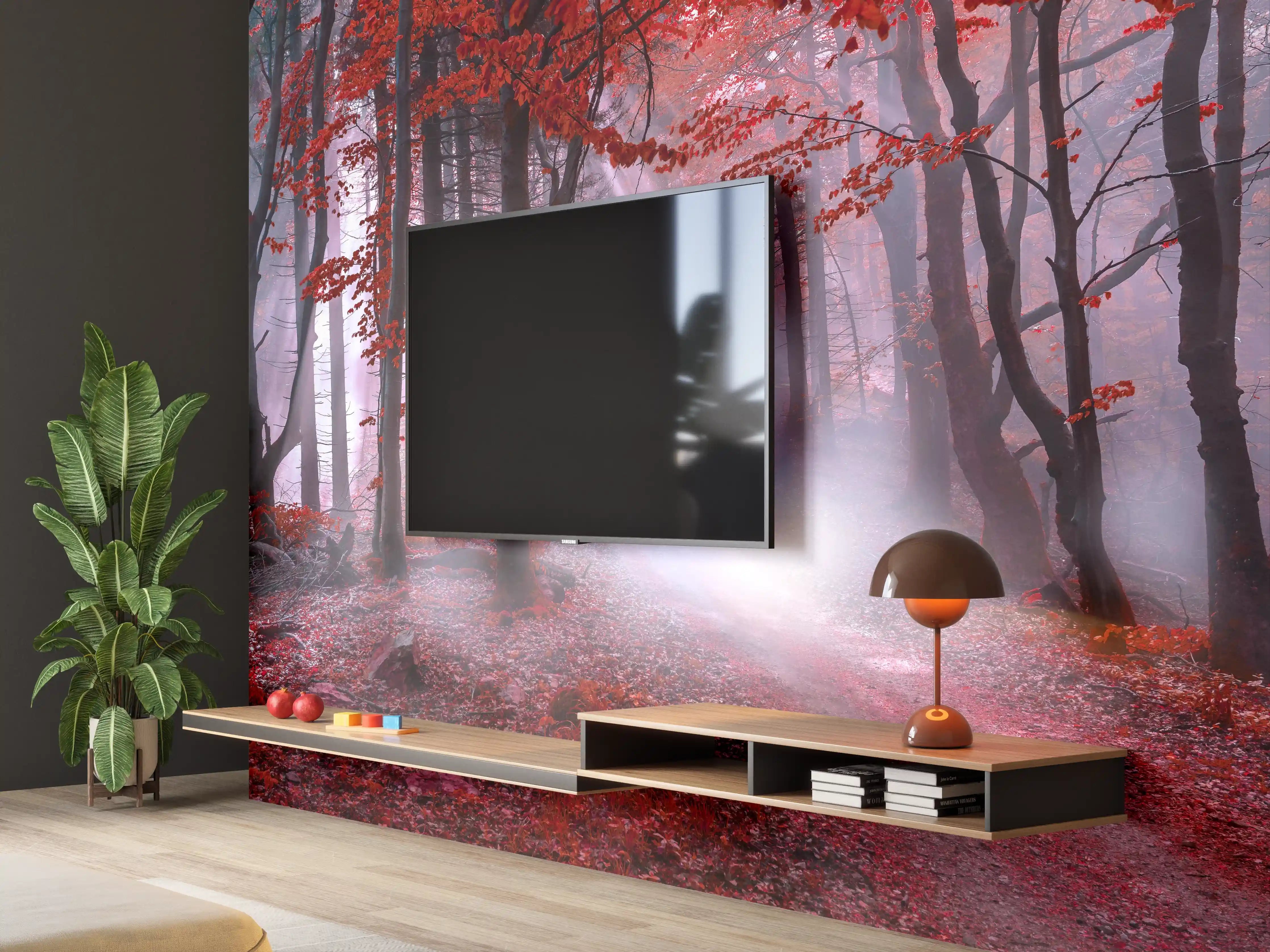 Wandverkleidung Wohnzimmer - Mystischer Wald im Herbst mit Nebel