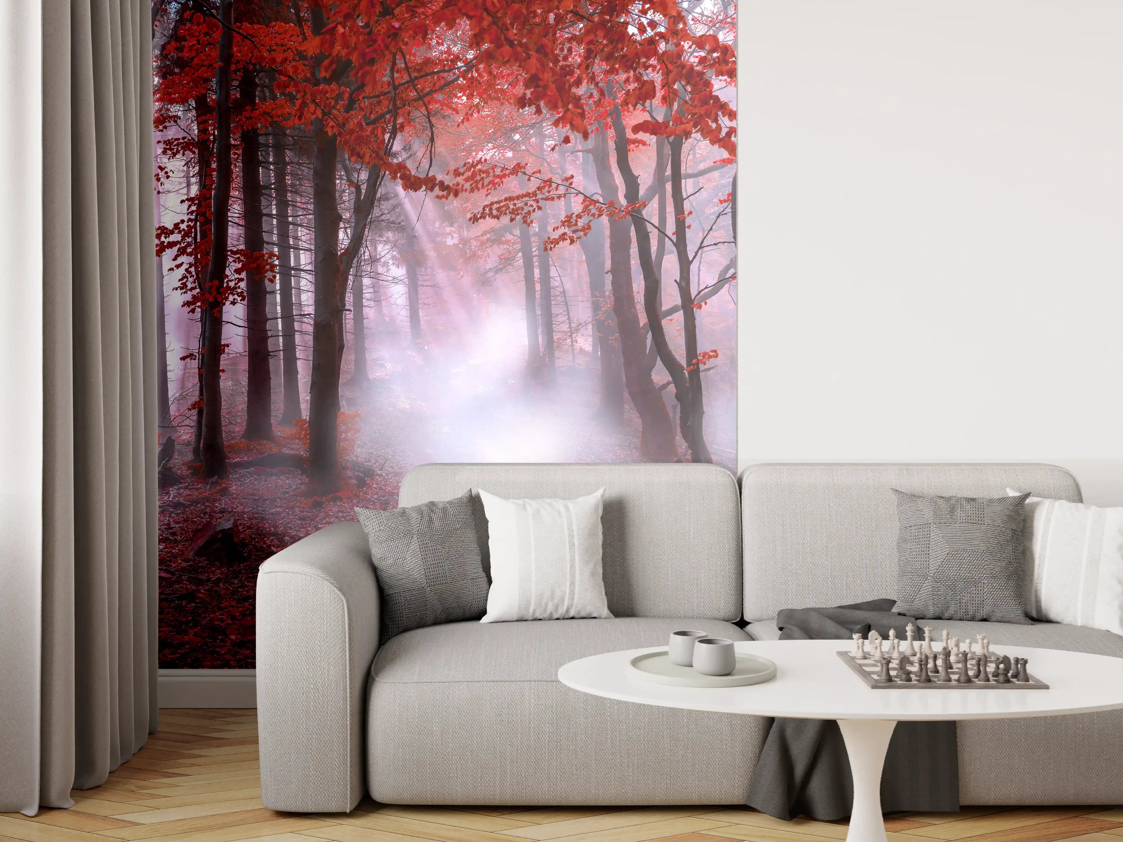 Wandverkleidung Wohnzimmer - Mystischer Wald im Herbst mit Nebel