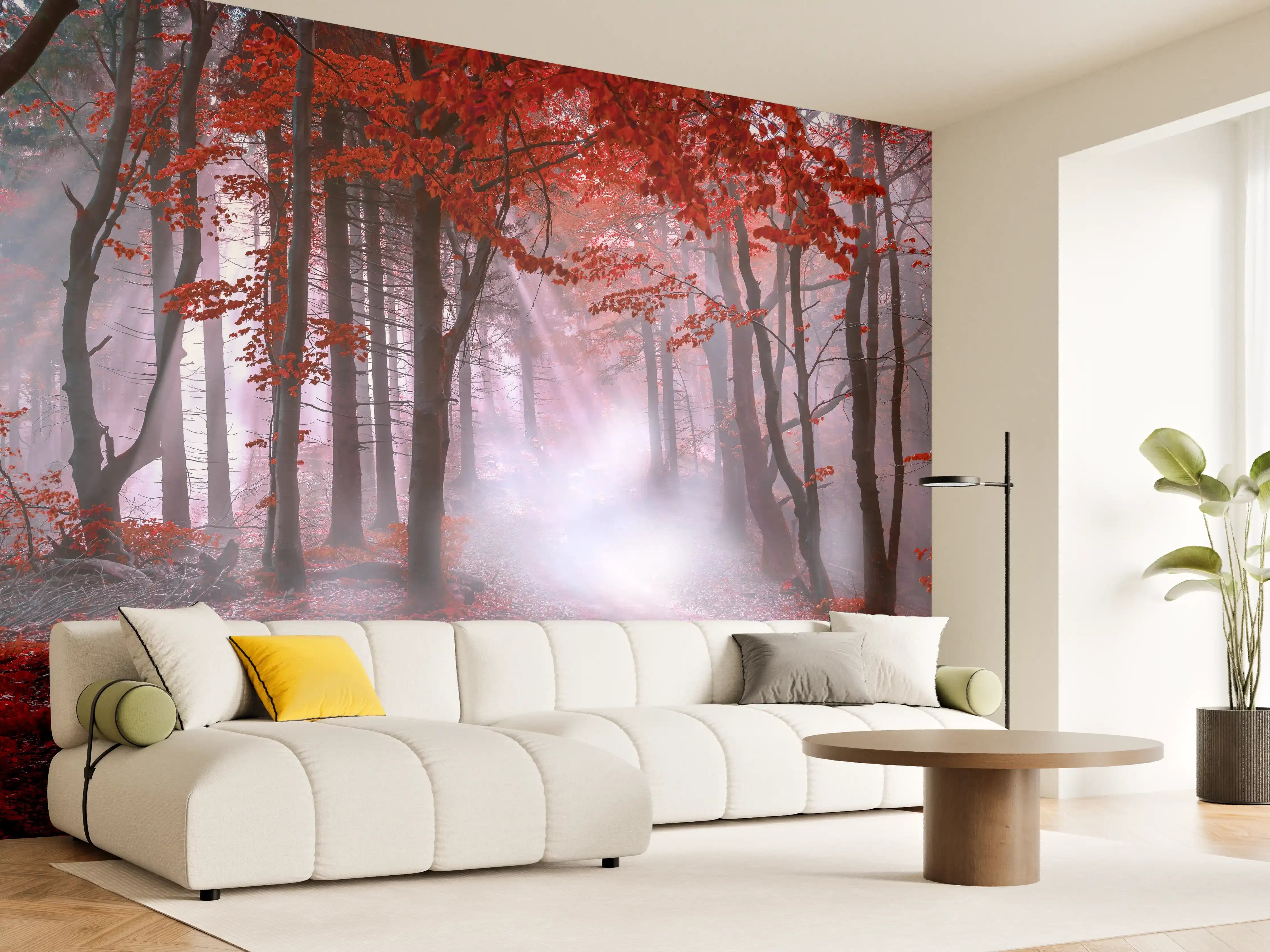 Wandverkleidung Wohnzimmer - Mystischer Wald im Herbst mit Nebel