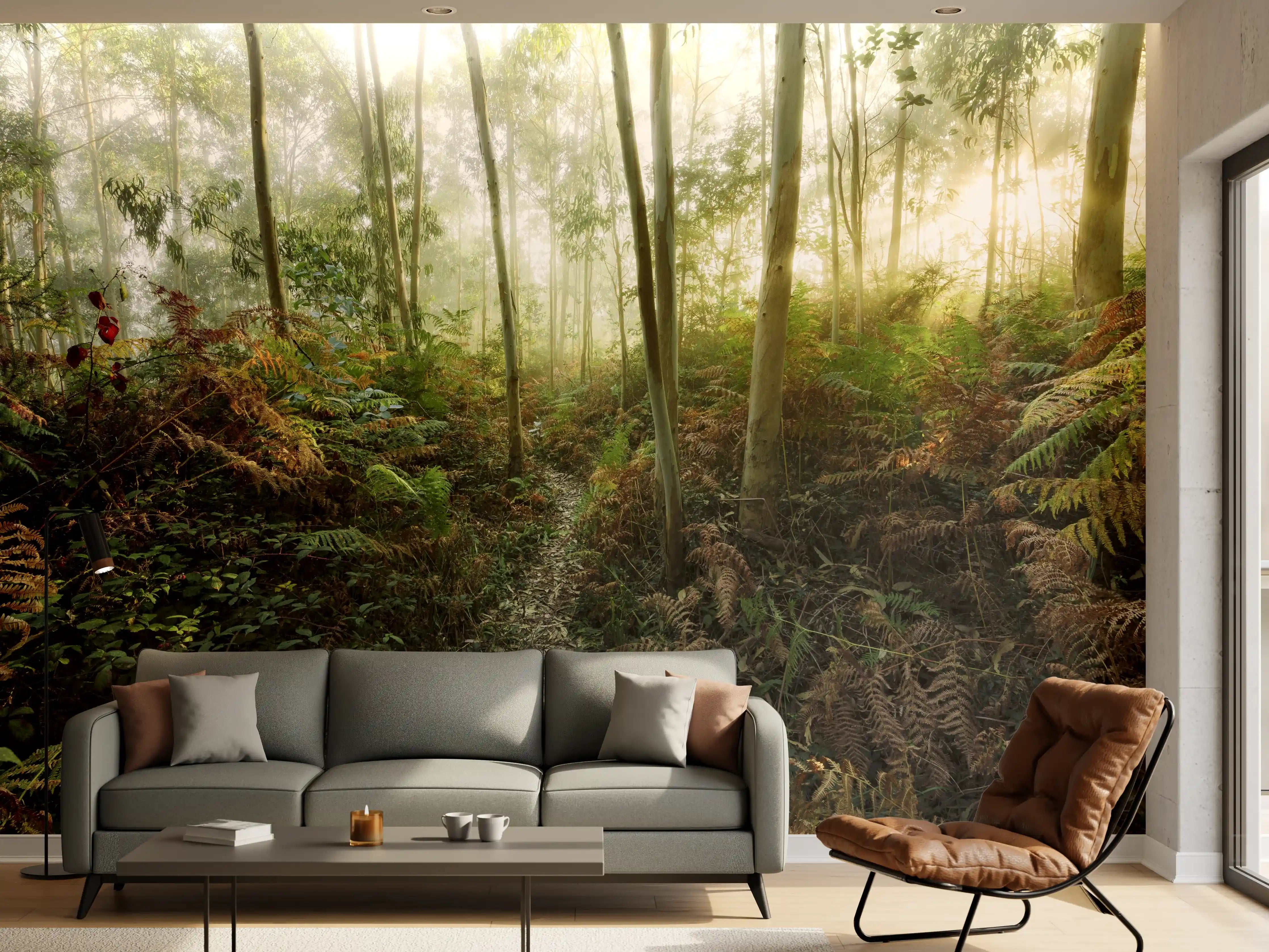 Wandverkleidung Wohnzimmer - Mystischer Waldpfad bei Sonnenaufgang
