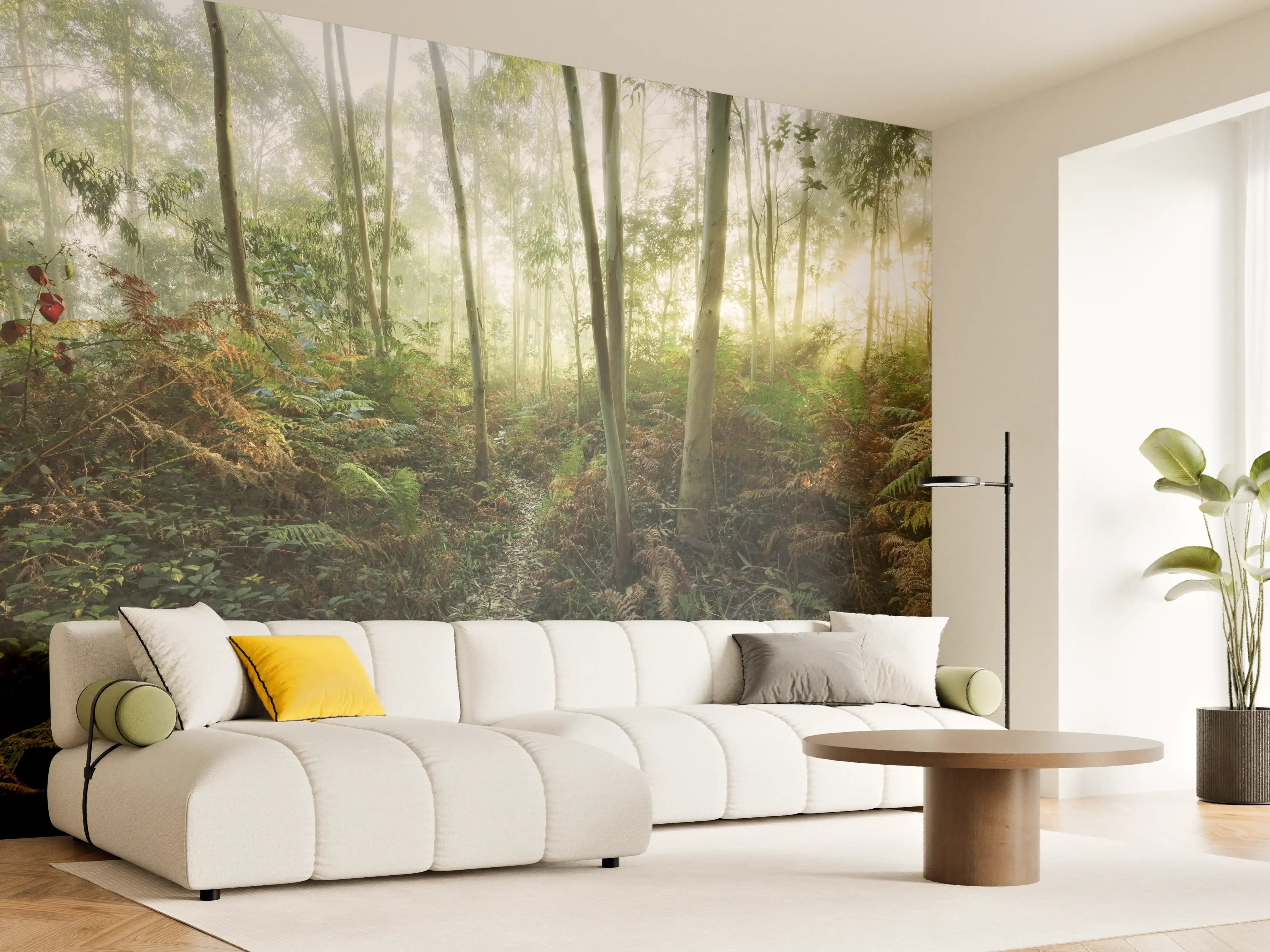 Wandverkleidung Wohnzimmer - Mystischer Waldpfad bei Sonnenaufgang
