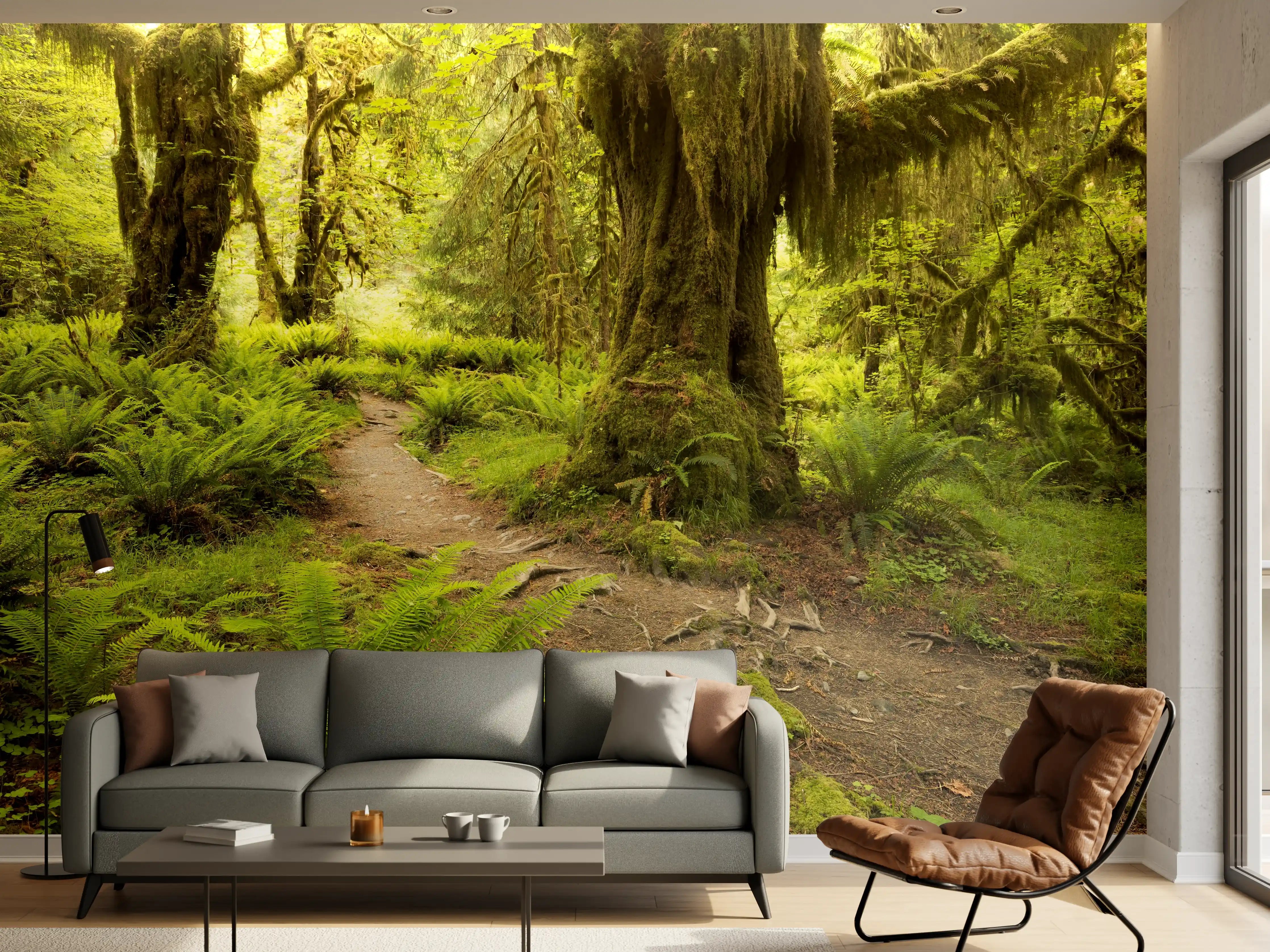 Wandverkleidung Wohnzimmer - Mystischer Wanderweg im grünen Wald