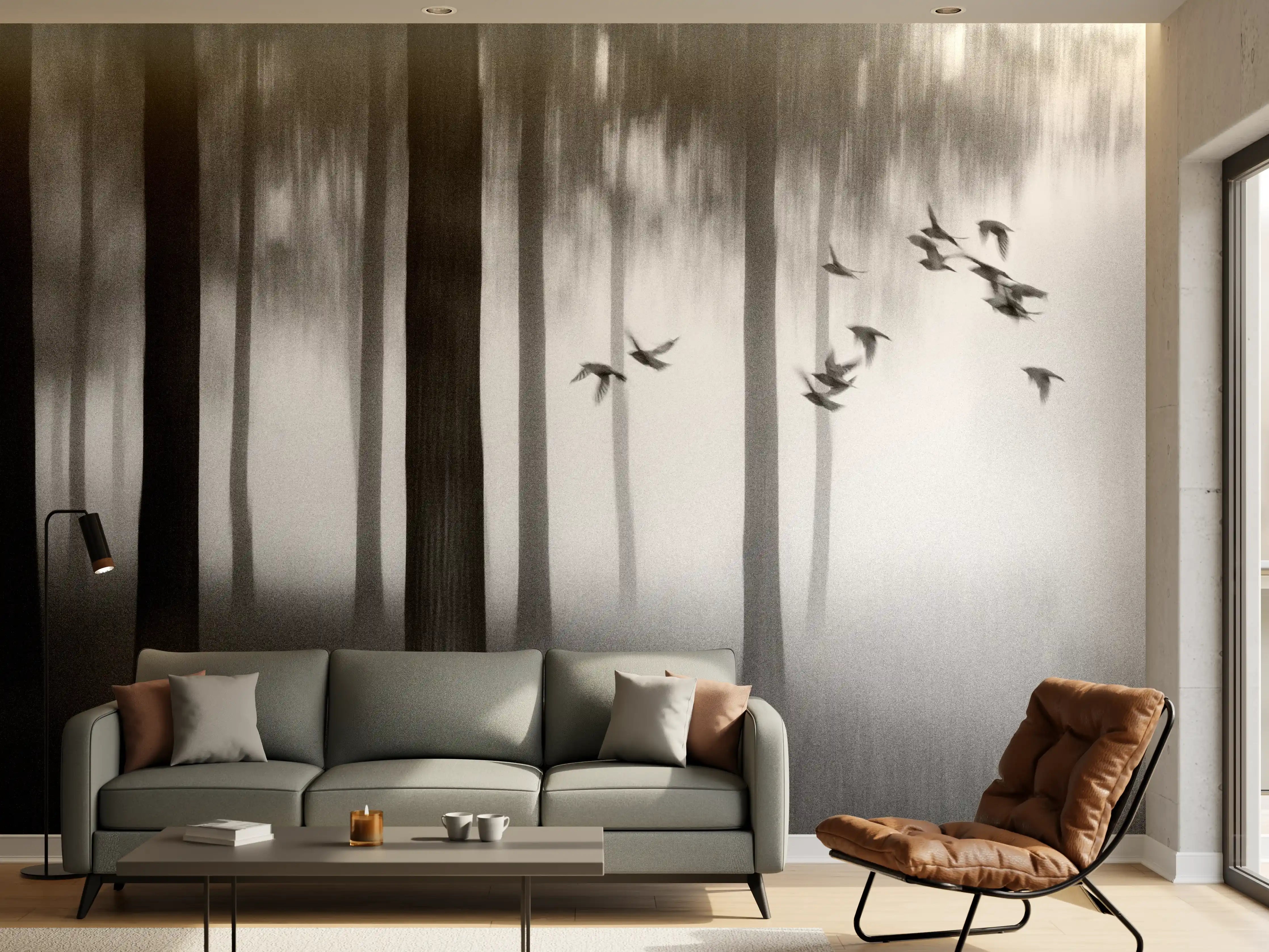 Wandverkleidung Wohnzimmer - Mystischer dunkler Wald mit fliegenden Vögeln