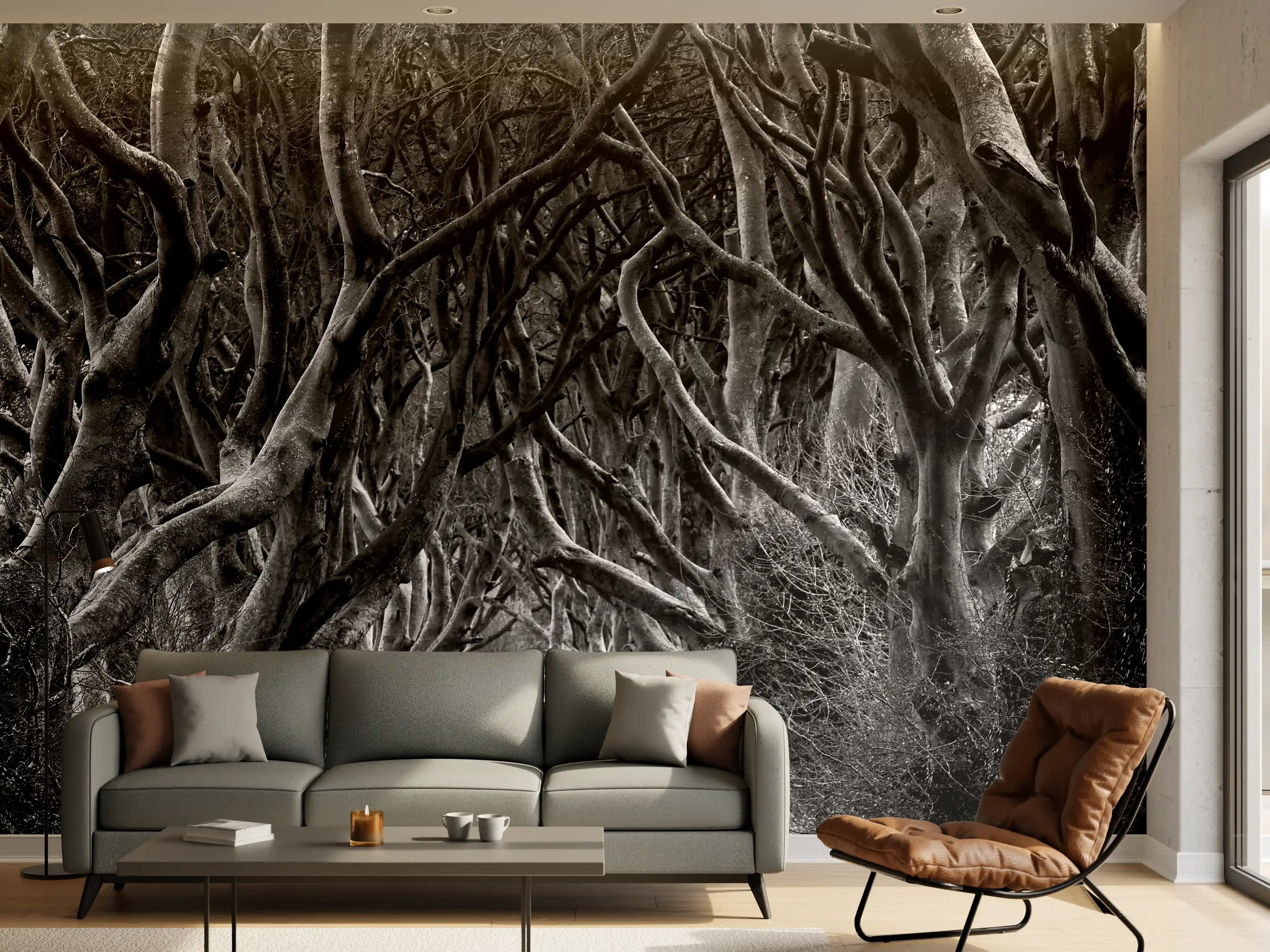Wandverkleidung Wohnzimmer - Mystischer dunkler Waldpfad