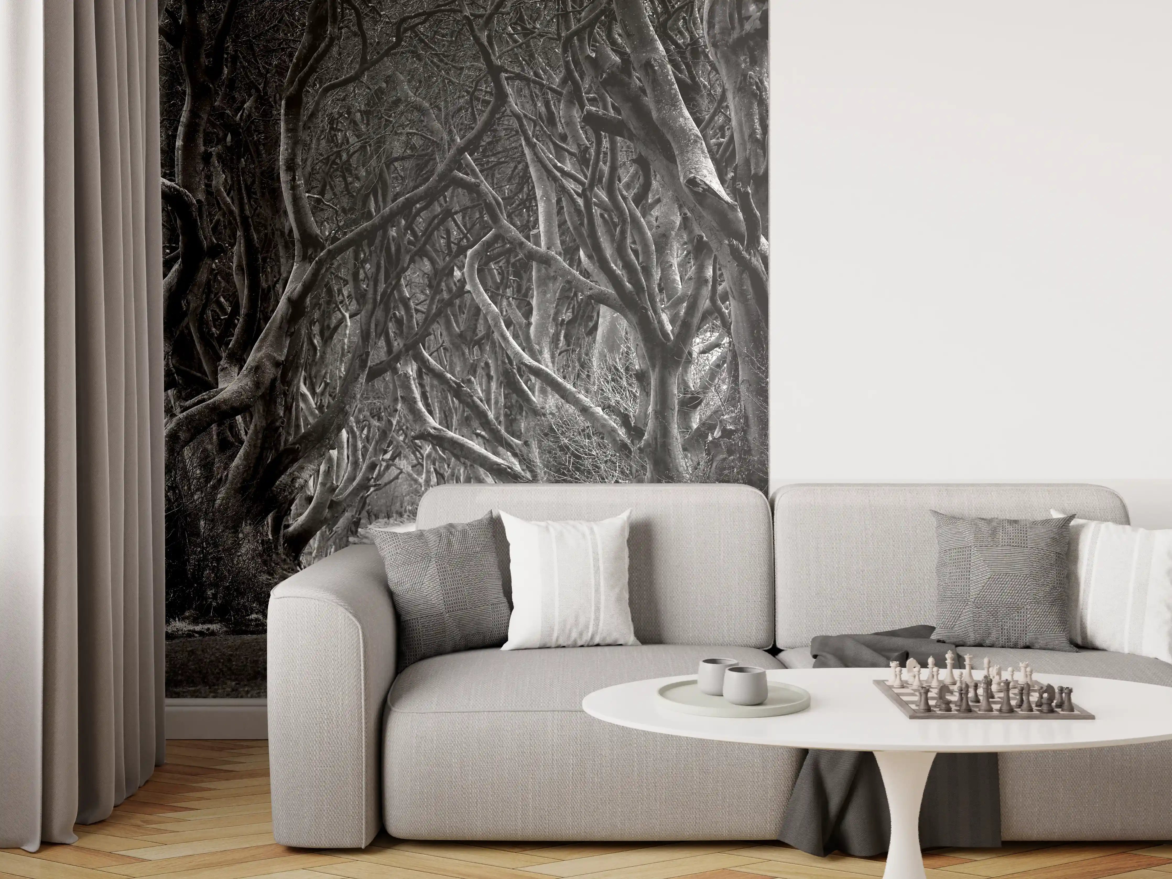 Wandverkleidung Wohnzimmer - Mystischer dunkler Waldpfad