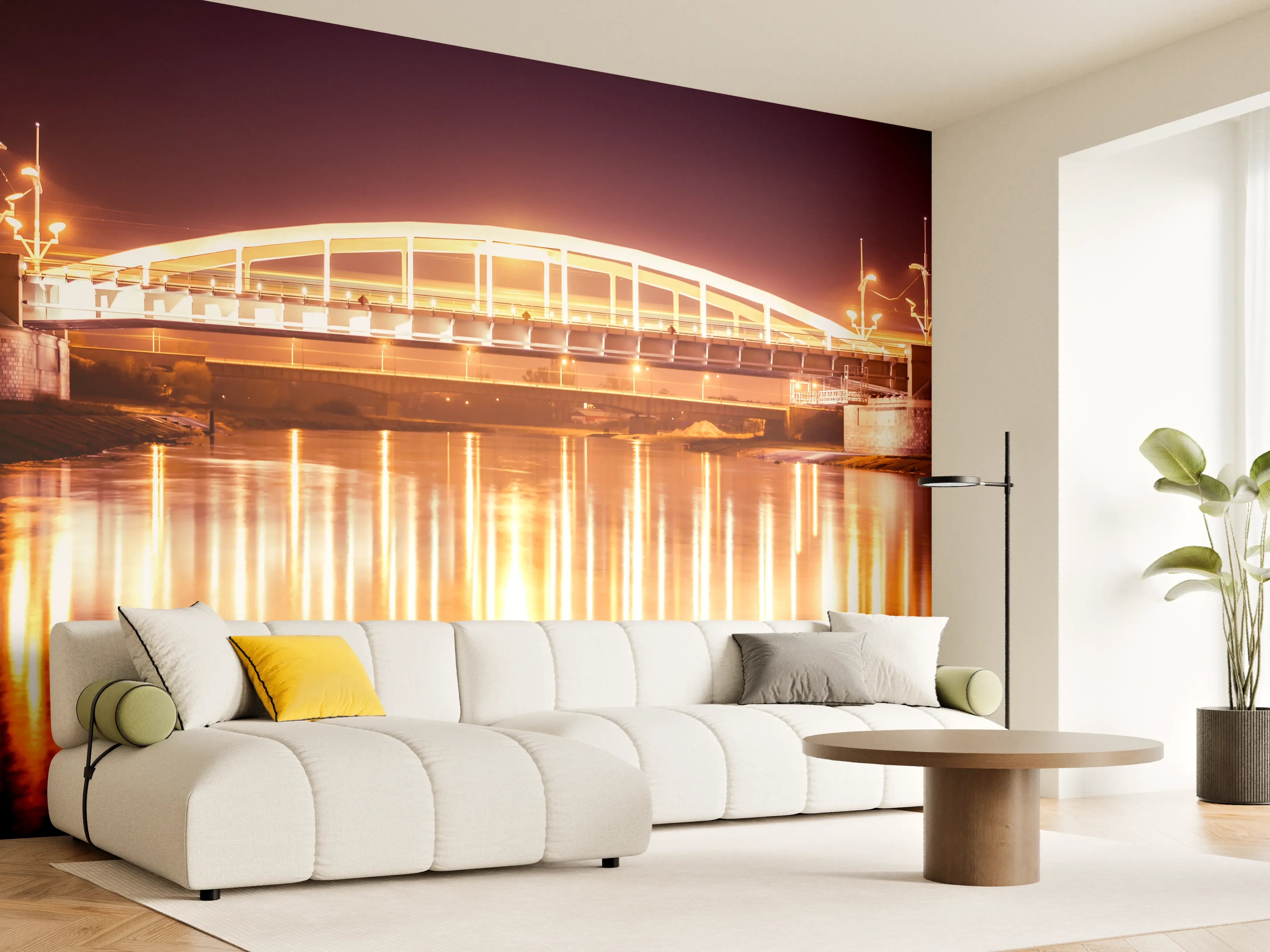 Wandverkleidung Wohnzimmer - Nacht Blick auf eine Brücke über den Fluss Warta in Posen