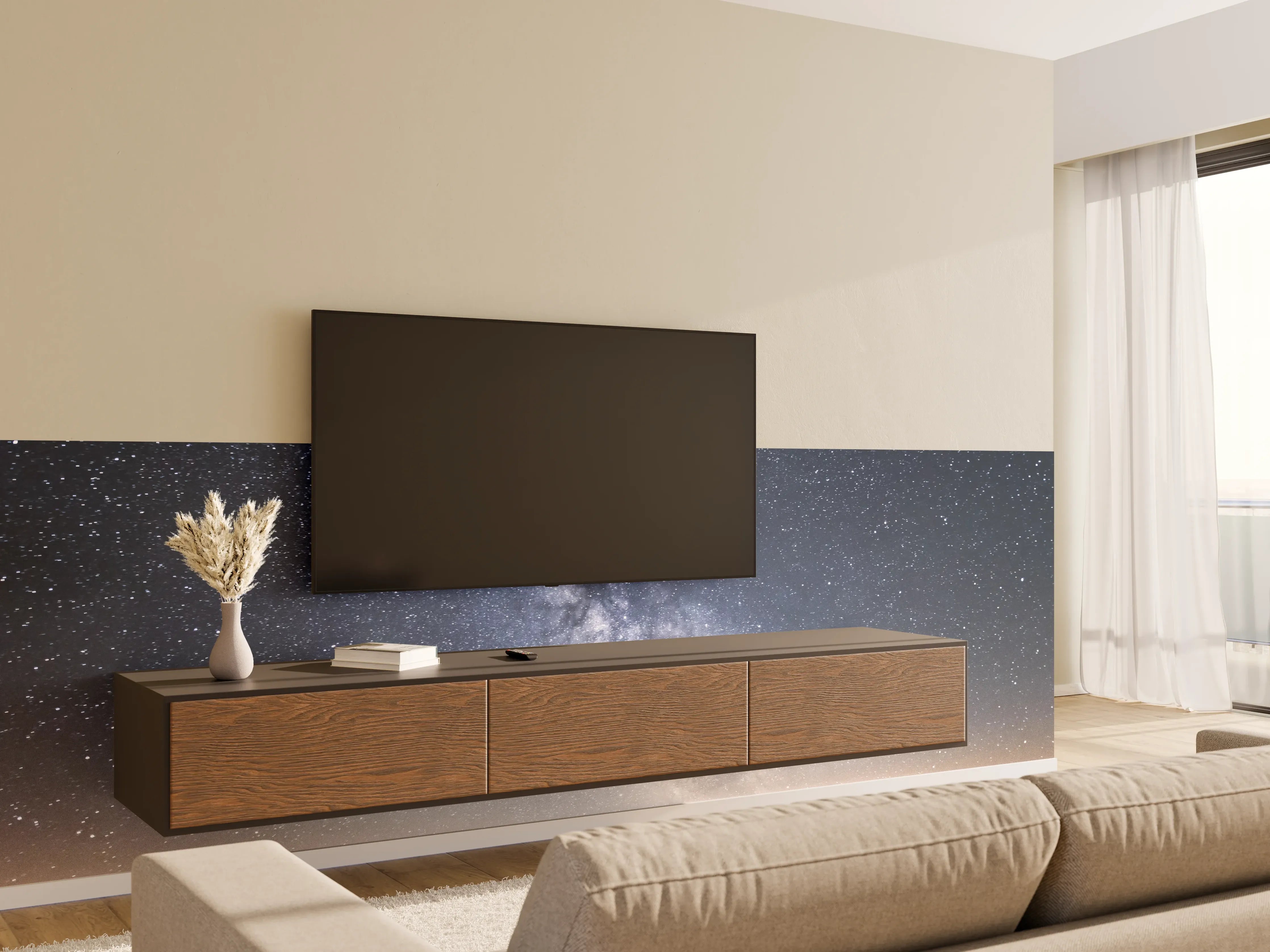 Wandverkleidung Wohnzimmer - Nacht über den grauen Bergen