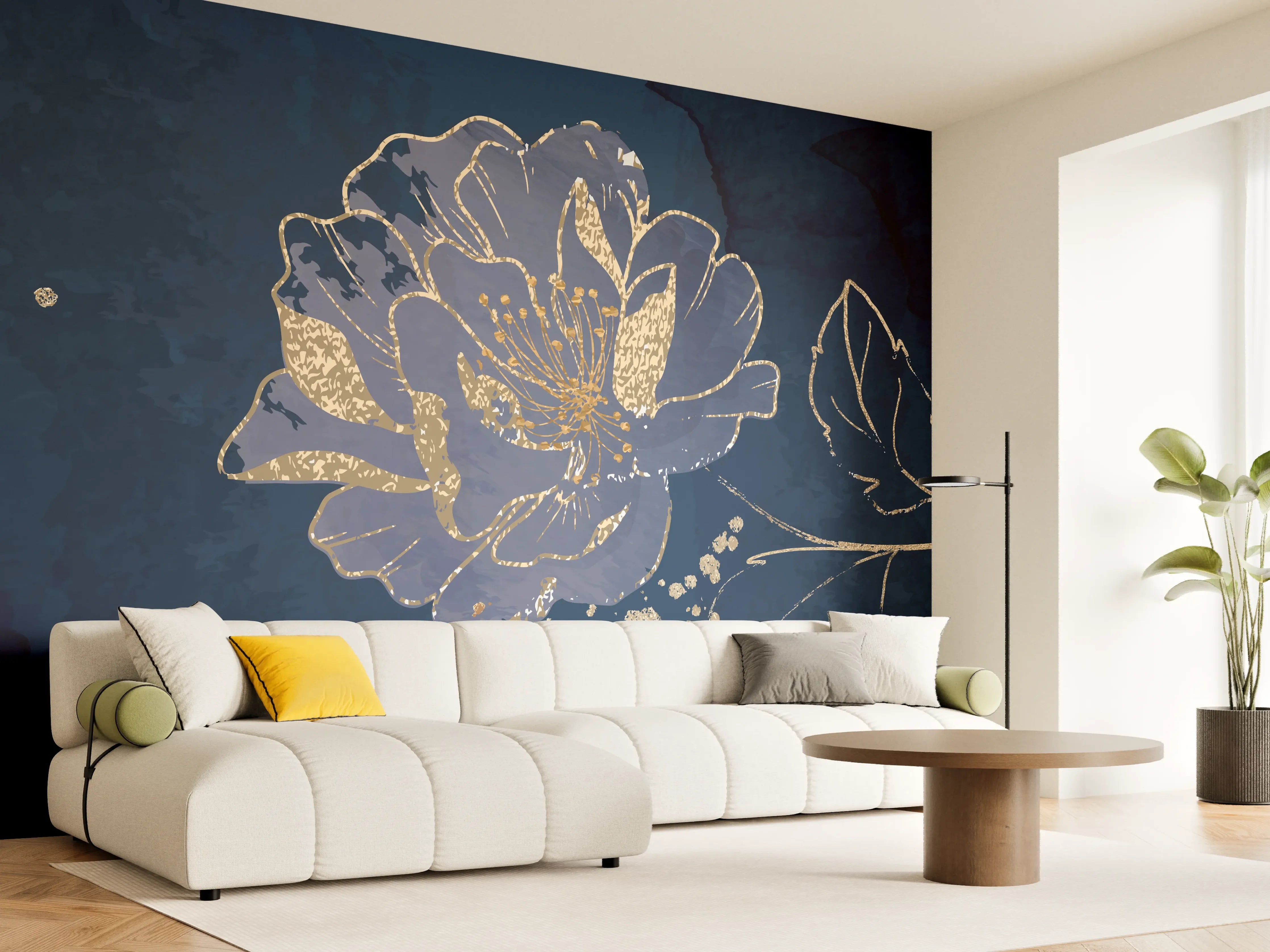 Wandverkleidung Wohnzimmer - Nachtblaue Blumen Goldakzente