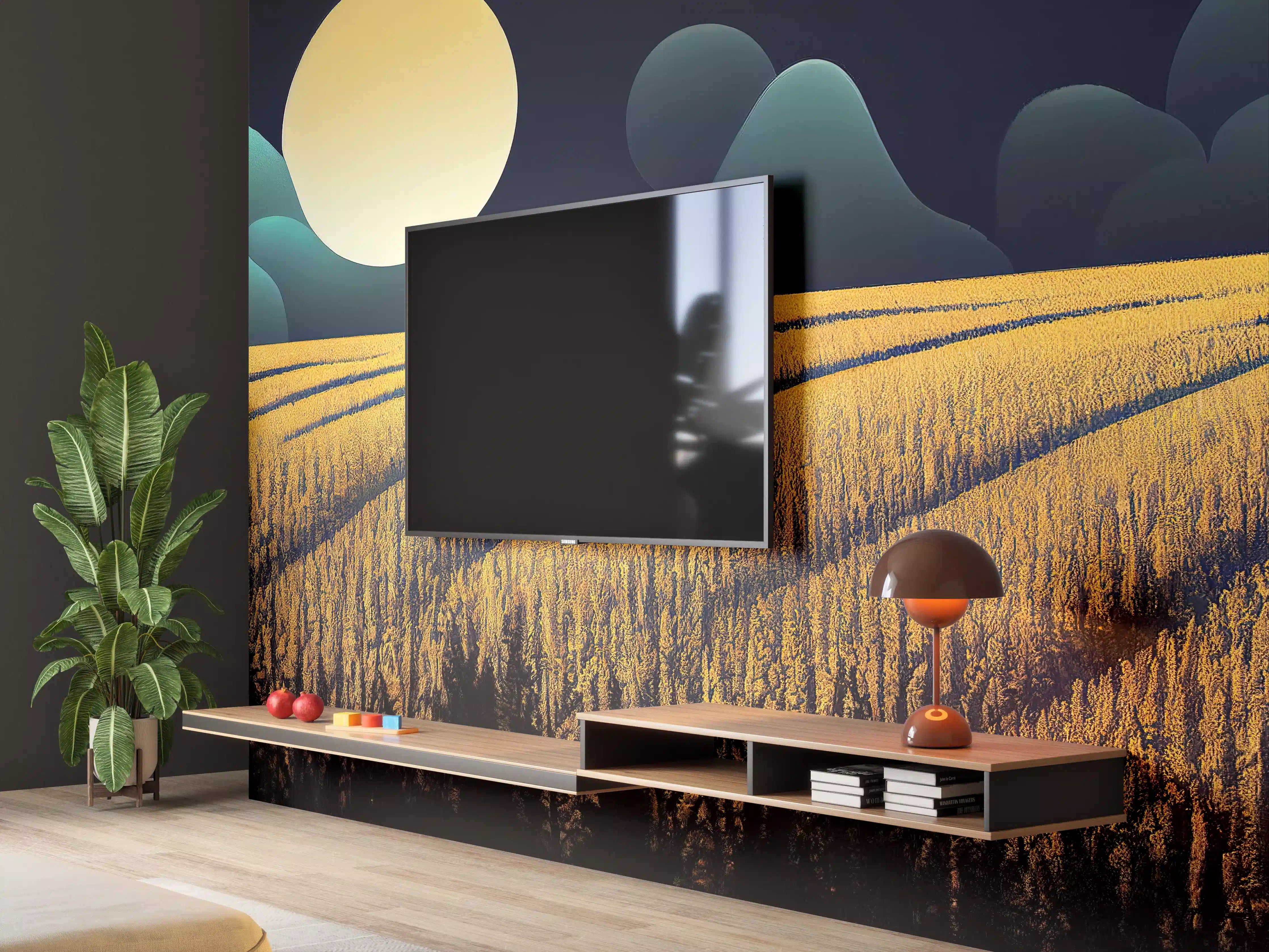 Wandverkleidung Wohnzimmer - Nächtliche Weizenfeld-Landschaft bei Vollmond
