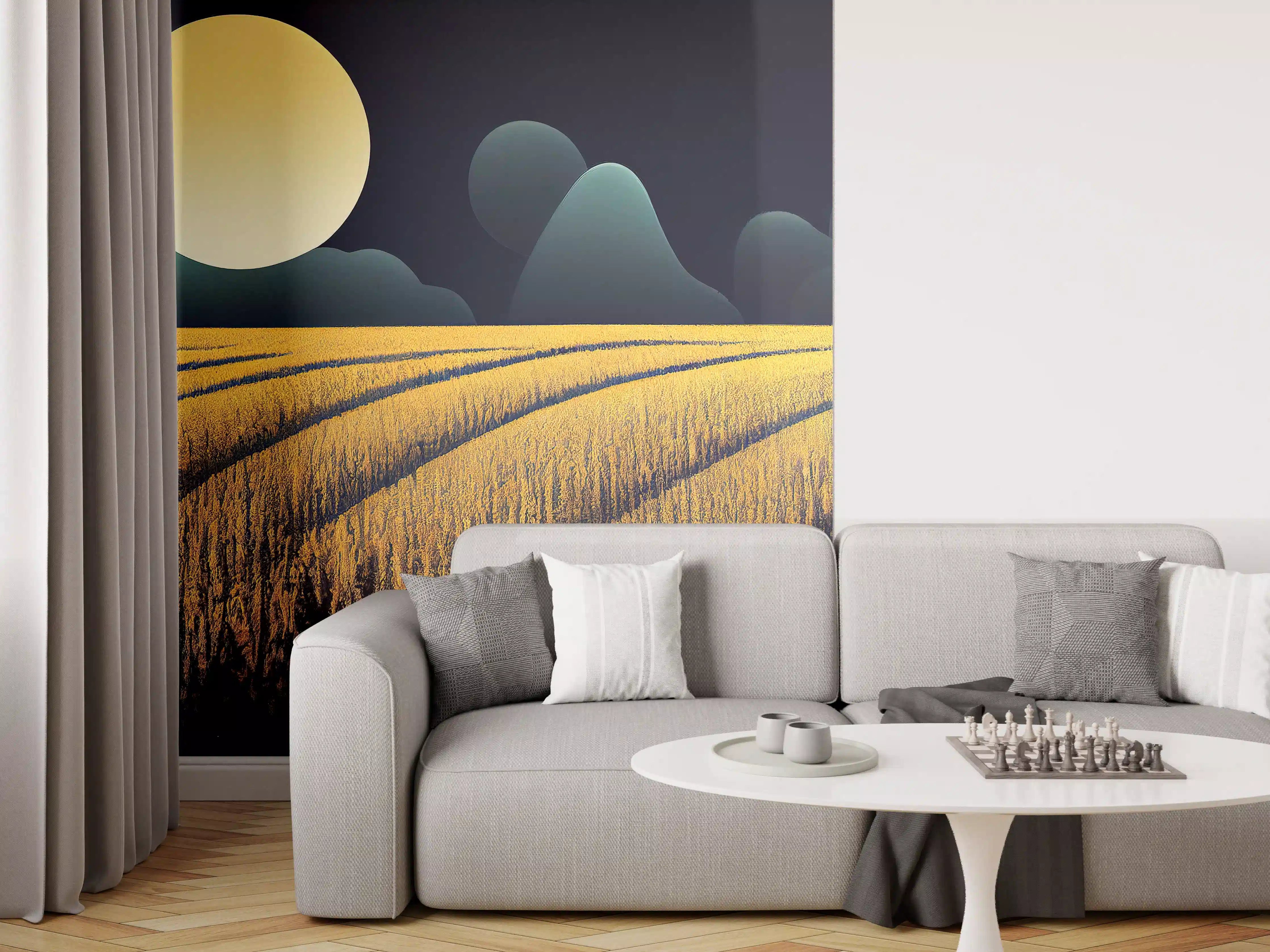 Wandverkleidung Wohnzimmer - Nächtliche Weizenfeld-Landschaft bei Vollmond