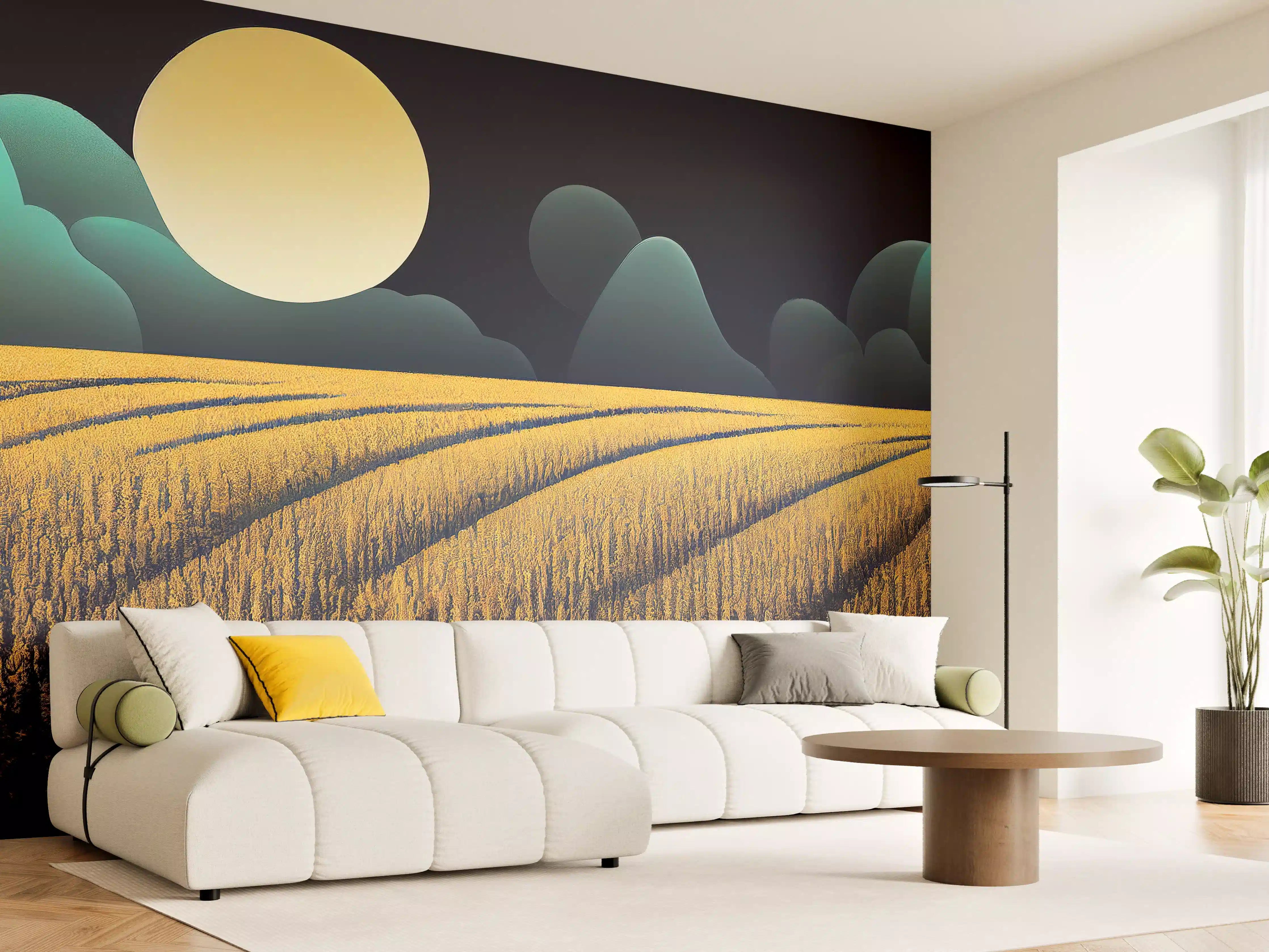 Wandverkleidung Wohnzimmer - Nächtliche Weizenfeld-Landschaft bei Vollmond
