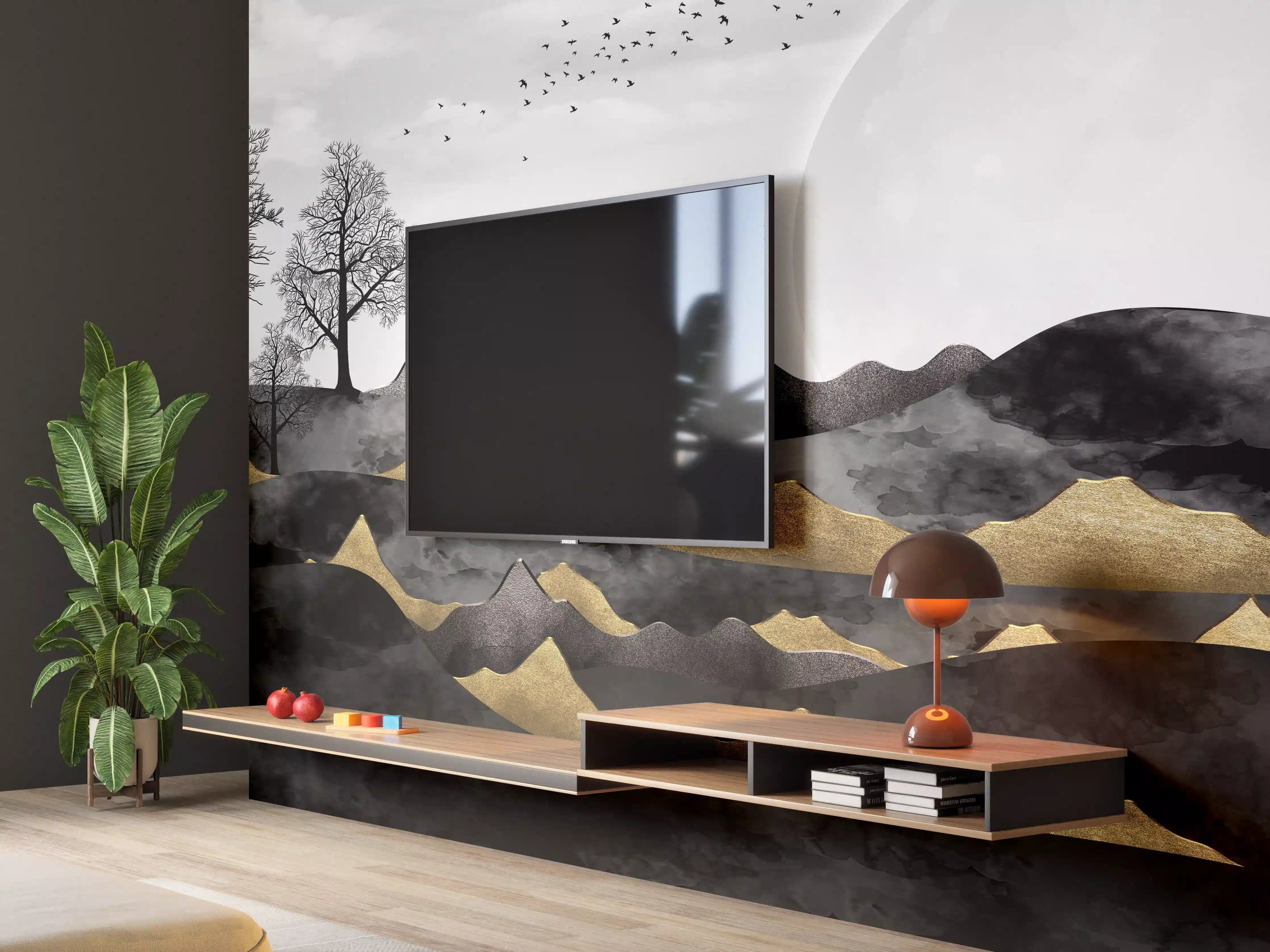 Wandverkleidung Wohnzimmer - Nächtliches Landschaftsdesign - Grafik