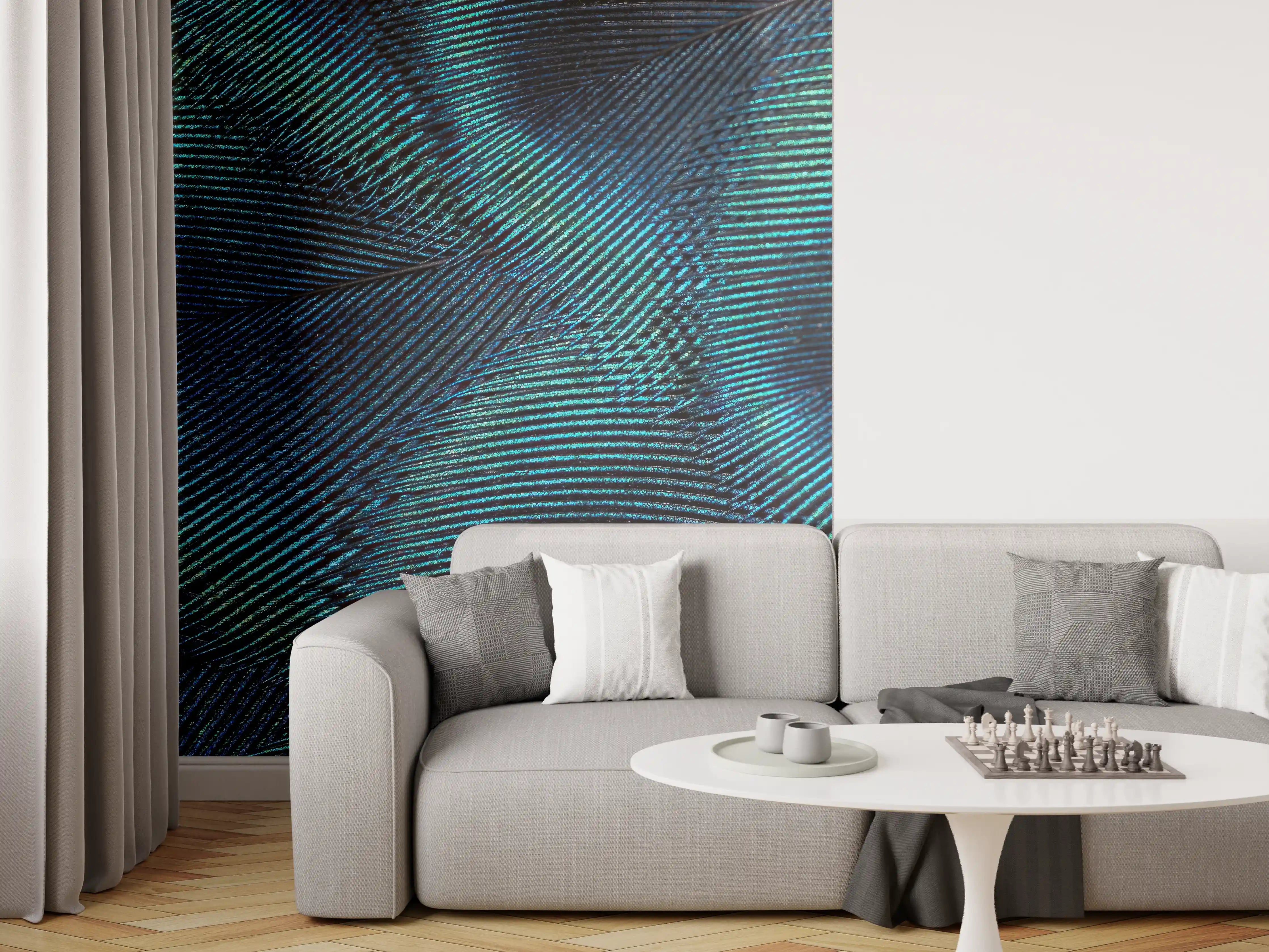 Wandverkleidung Wohnzimmer - Nahaufnahme von Pfauenfedern