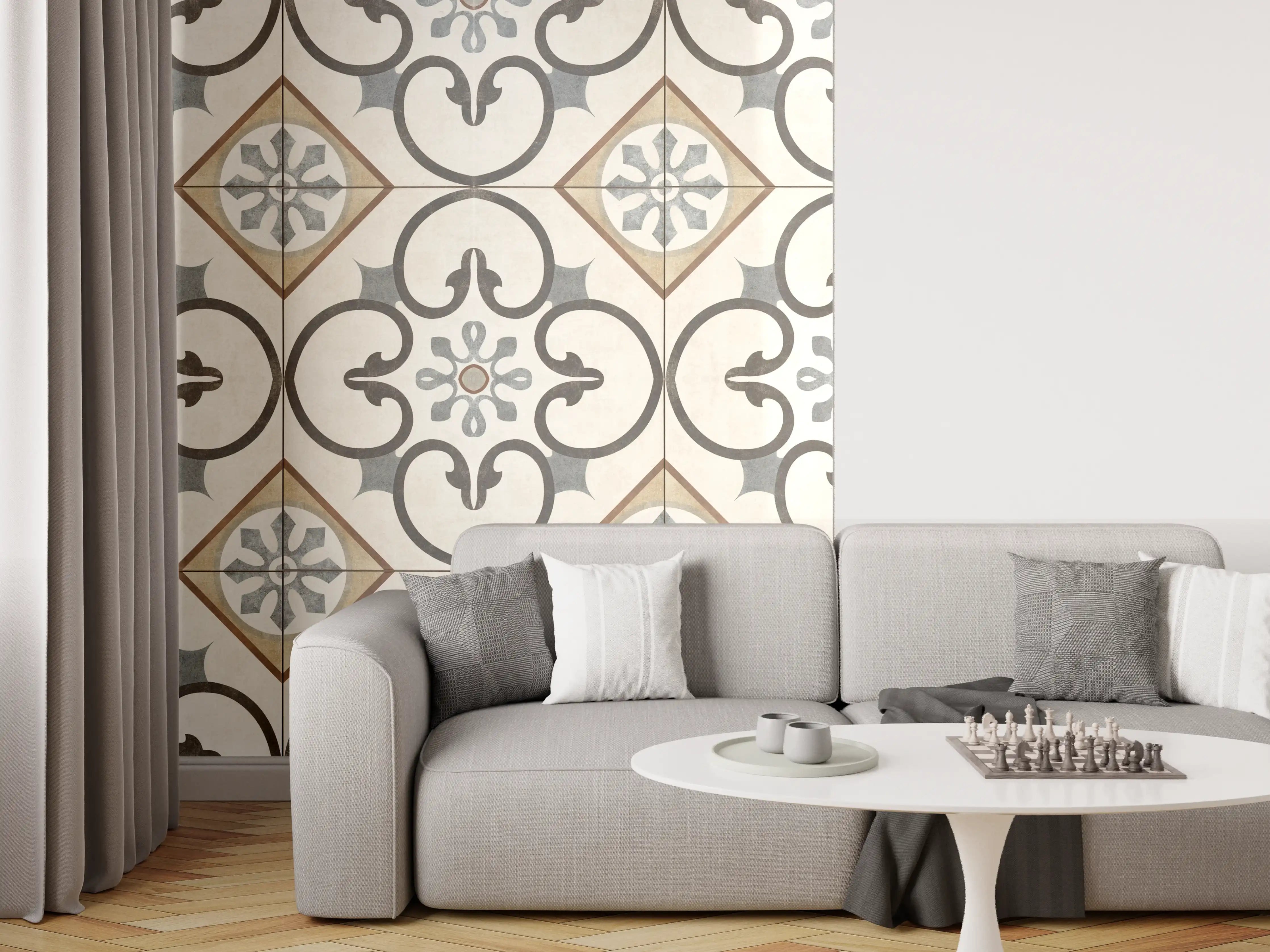 Wandverkleidung Wohnzimmer - Nahtlose beige graue Fliesen