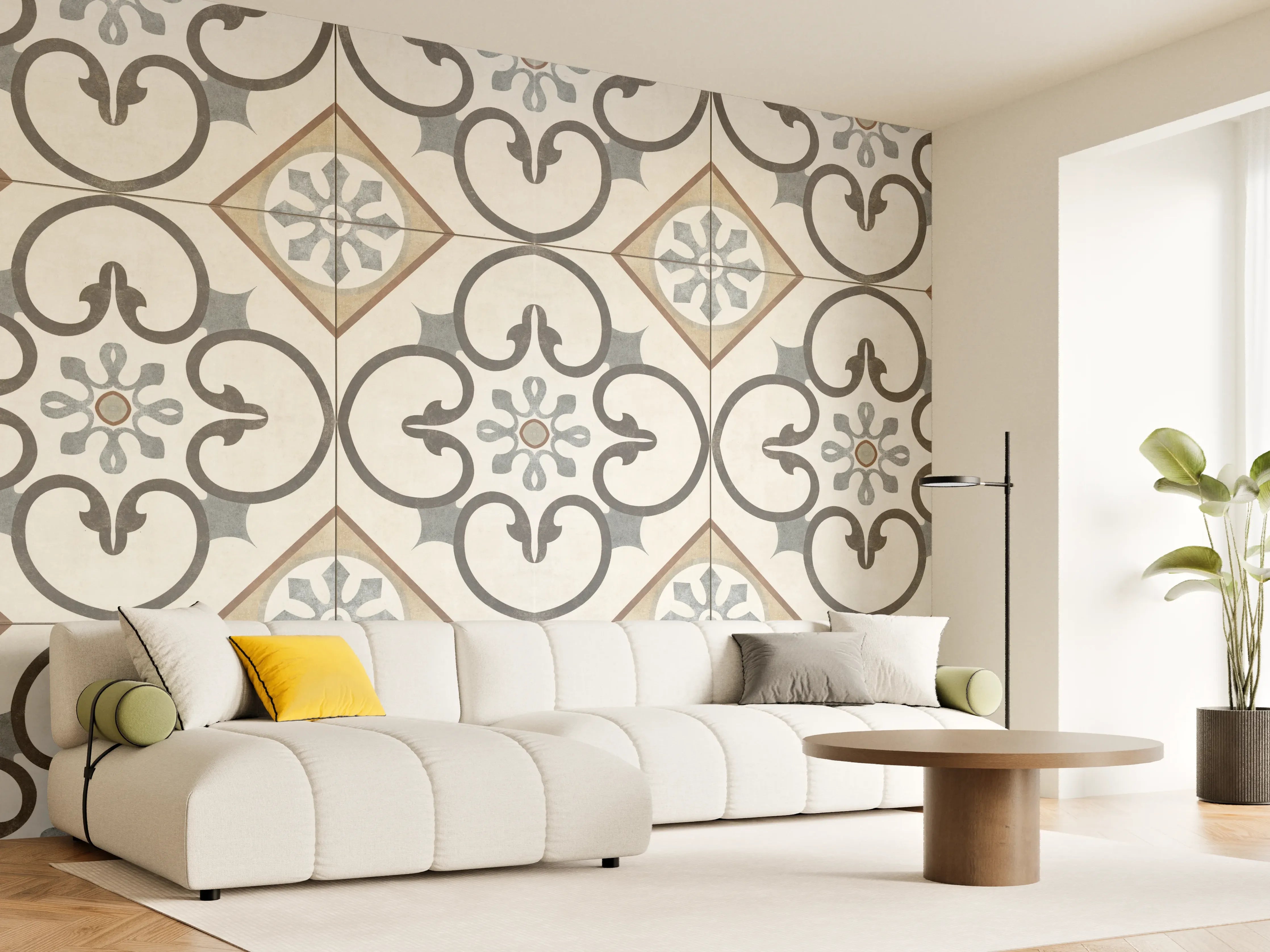 Wandverkleidung Wohnzimmer - Nahtlose beige graue Fliesen
