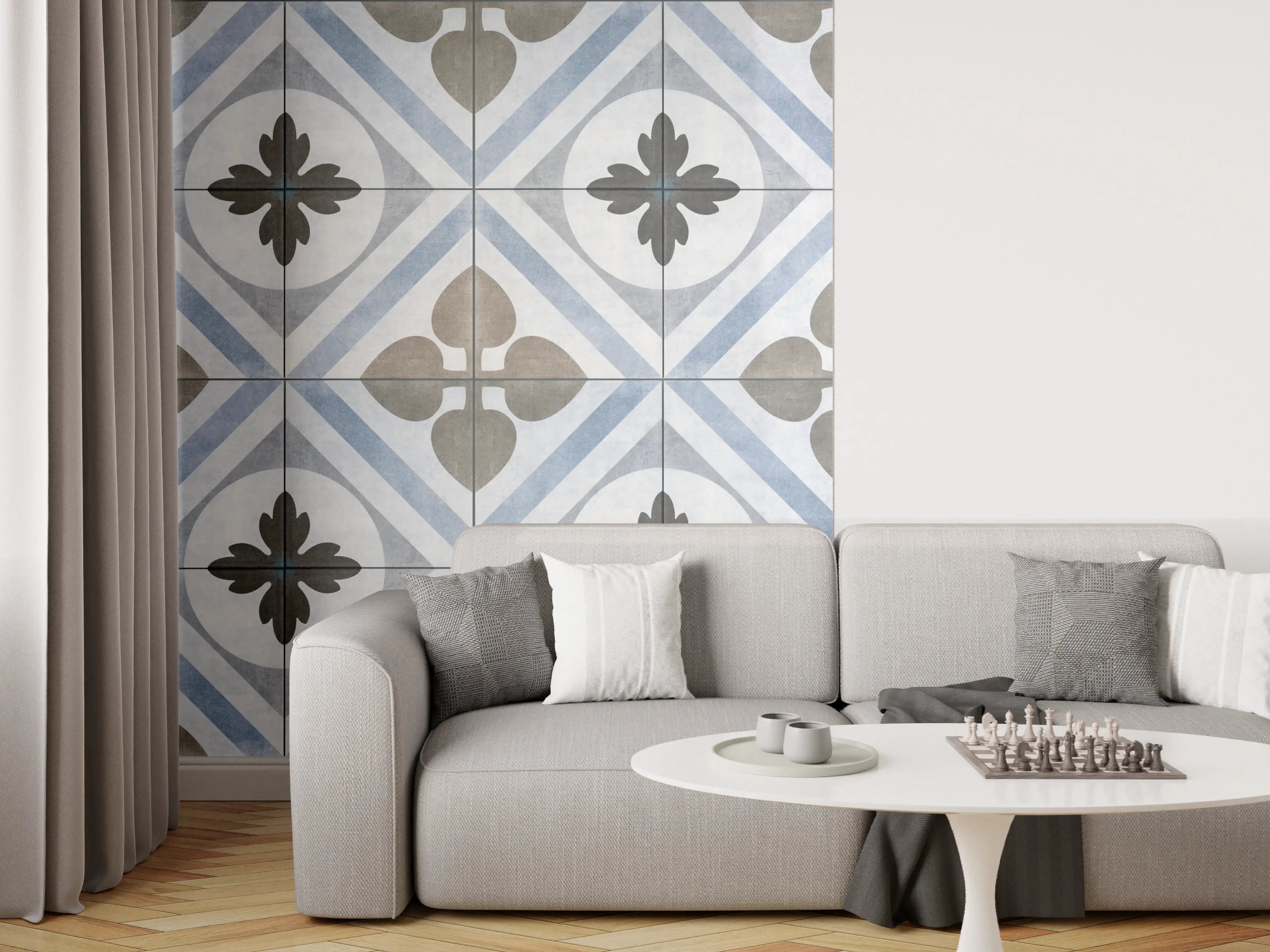 Wandverkleidung Wohnzimmer - Nahtlose blau weiß graue vintage Fliesen