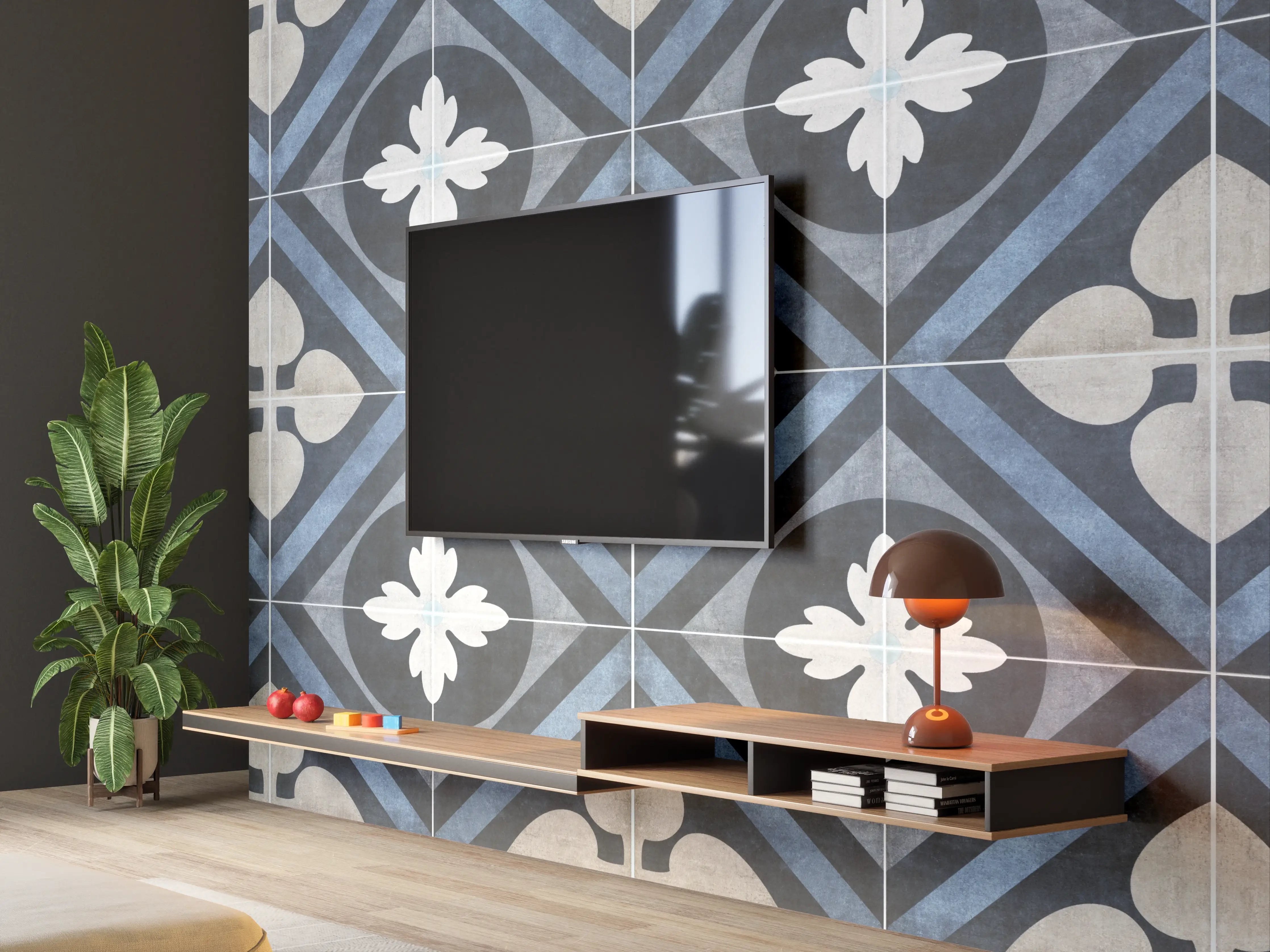 Wandverkleidung Wohnzimmer - Nahtlose blau weiße vintage Fliesen